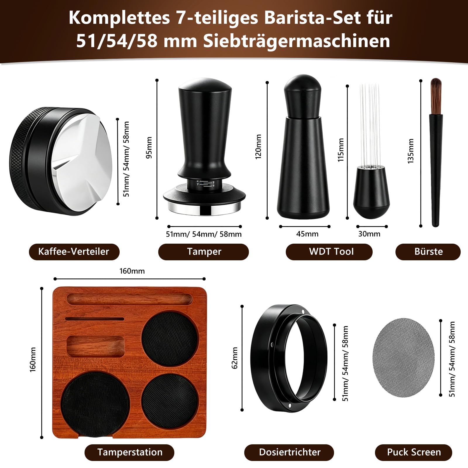Espresso Zubehör Set 7tlg. – WDT Tool, Tamper, Distributor, Dosierring & Tamperstation | Barista Set aus Edelstahl für Siebträgermaschinen | Schritt-für-Schritt Zubehör für Café (58mm)