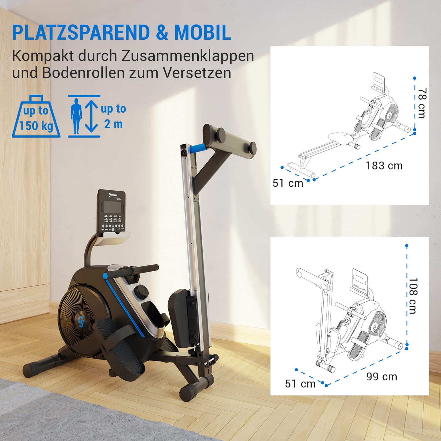 Capital Sports Rudergerät für Zuhause, Kompakter Rowshaper, Klappbar mit 8 Stufen, LCD-Monitor, Bodenrollen, Row Shaper mit Magnetwiderstand, Cardio, Fitnessgeräte