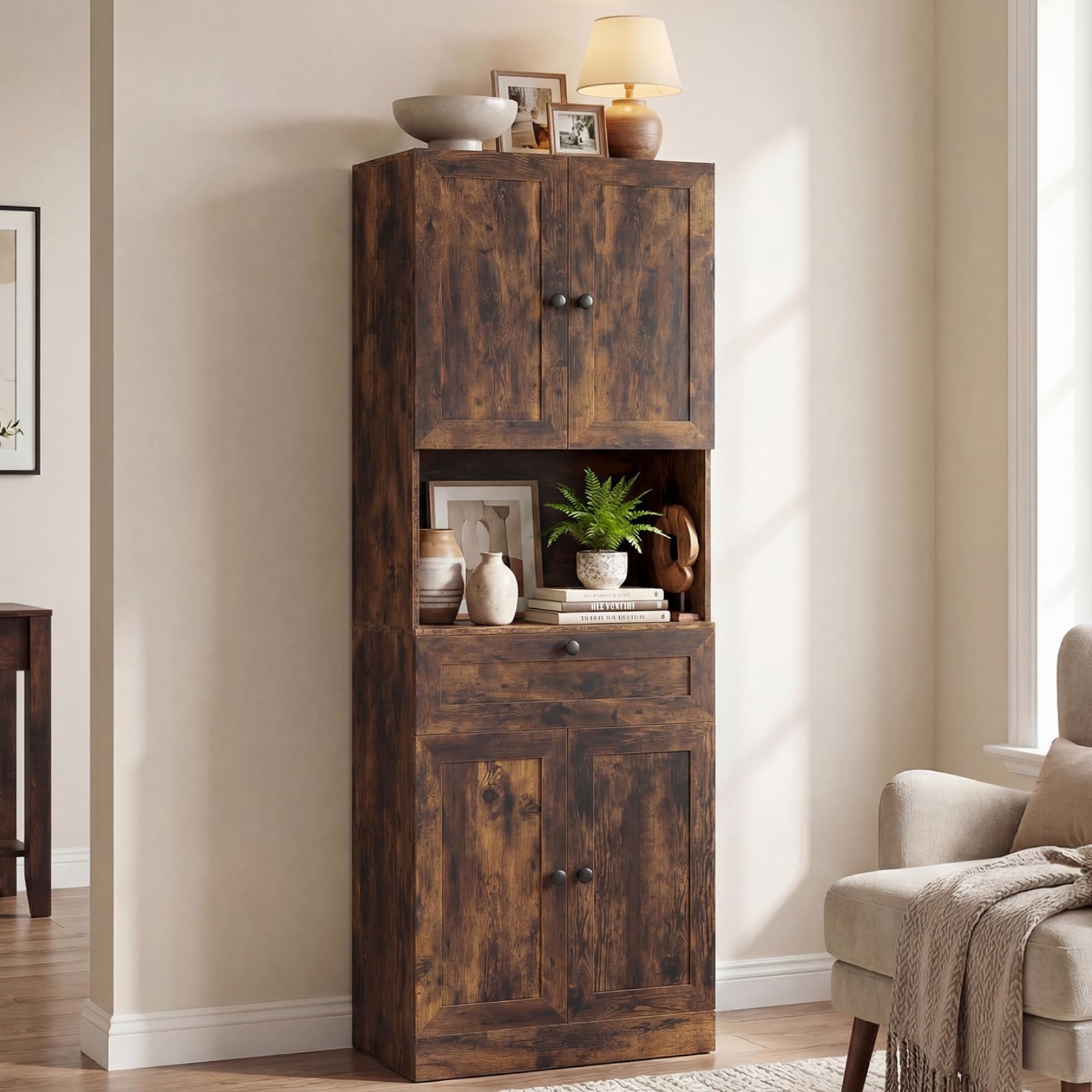 COSTWAY 171.5cm Tall Kitchen Cupboard, 4-Door Pantry Storage Cabinet with Adjustable Shelf, Drawer & Anti-tipping Device, Freestanding Sideboard Organizer Unit for Home Dining Room (Rustic Brown)