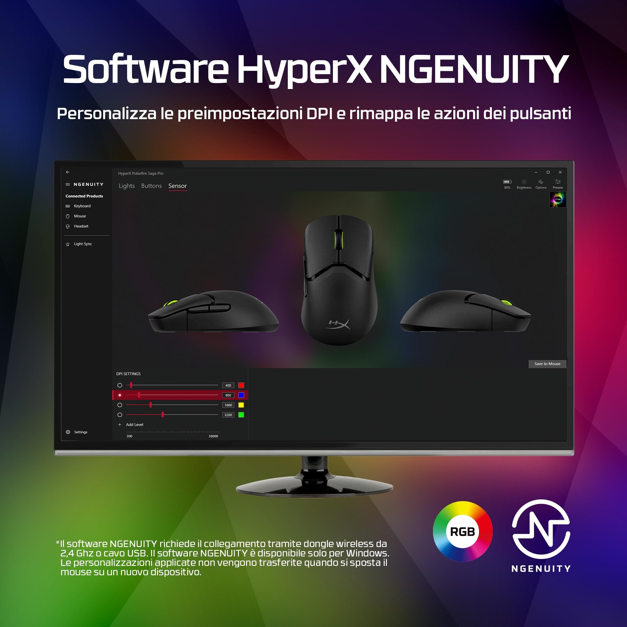 HyperX Pulsefire Saga Pro Wireless Gaming Mouse – 4K Wireless Polling, 2.4GHz e Bluetooth, design modulare con 16 regolazioni, durata della batteria 90h, 72g Ultraleggero, software NGENUITY, NVIDIA