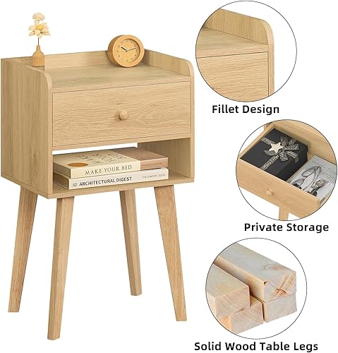 Miniatura 7 de Lerliuo Juego de 2 mesitas de noche de madera, moderna mesa auxiliar de cama con cajón, mesa auxiliar de madera para espacios pequeños, mesa