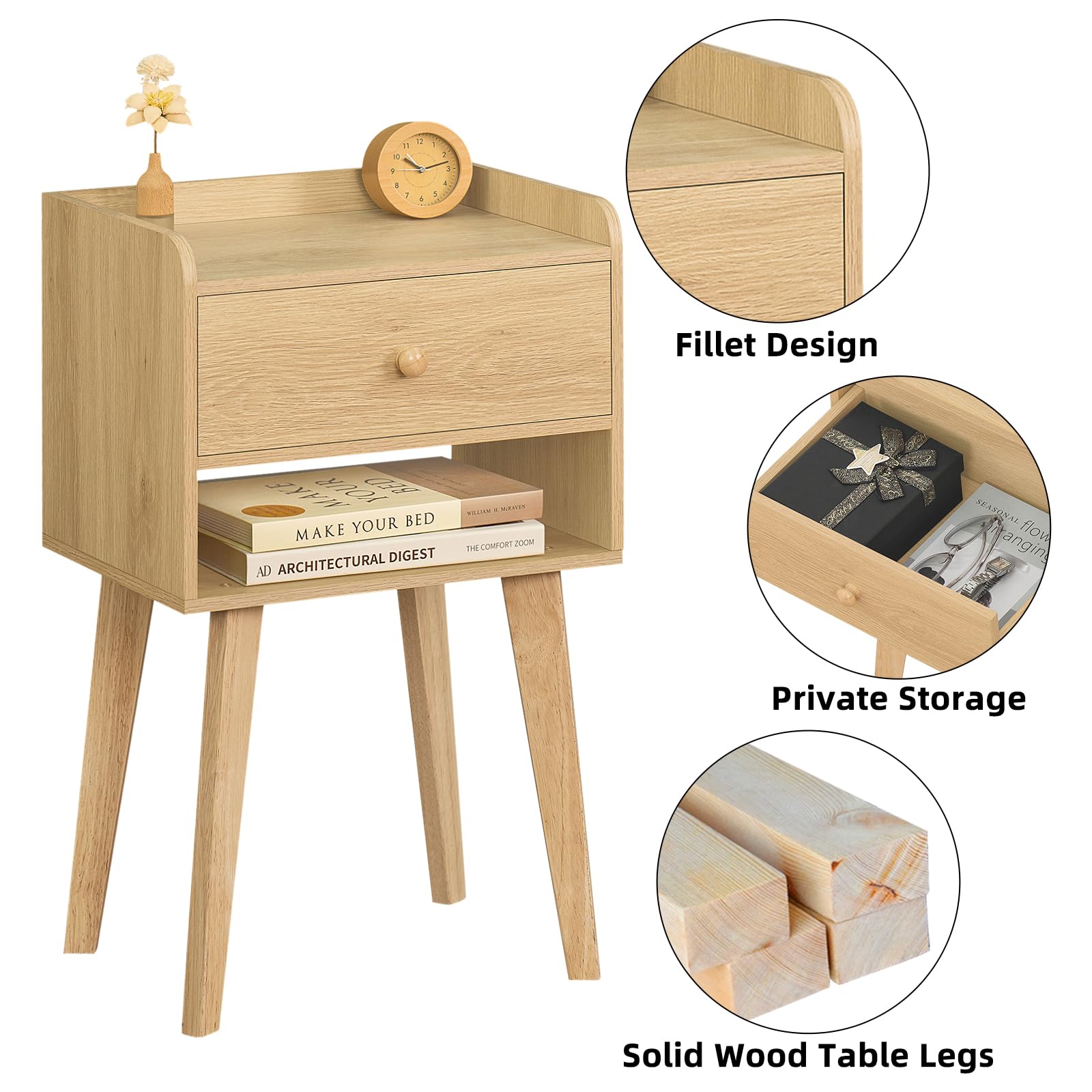 Lerliuo Wood Nightstand Set of 2, Modern Bed Side Table with Drawer, Wood End Table for Small Space, Side Table with Storage, Night Stand for Bedroom/Living Room/Dorm 26.38''H