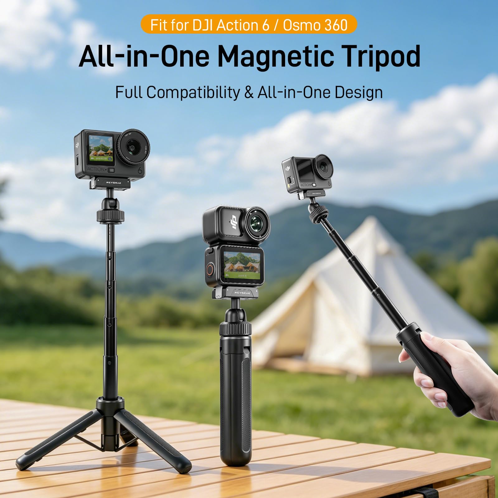 REYGEAK Trípode magnético para selfie para DJI Osmo Action 6/5/4/3/Nano, mango de cámara extensible con soporte de liberación rápida, cabeza de bola de 360° para video vertical, soporte de trípode