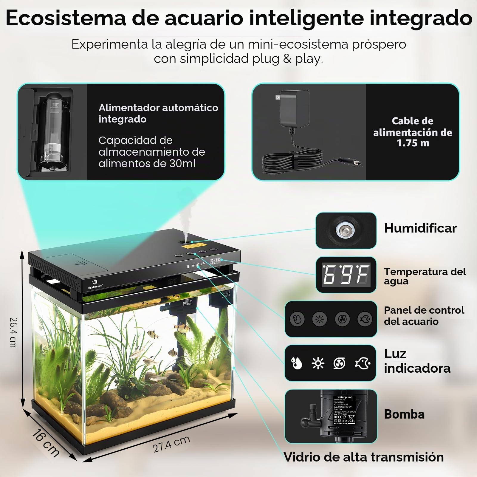 fishkeeper Acuario inteligente de 2.3 G, kit de pecera de vidrio HD con alimentador automático, bomba de filtro silencioso autolimpiable, aromaterapia, visualización de temperatura y luces RGB de 7