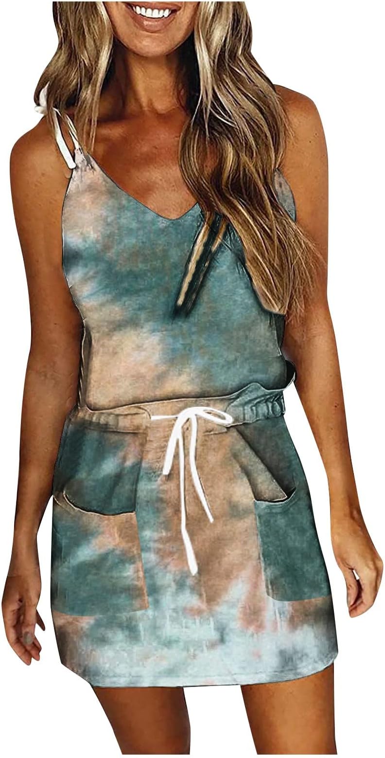 Women's Summer Print Tie Waist Cocktail Dresses V Neck Slip 2023 Ruched Rouche Sleeveless Sundresses with Pockets