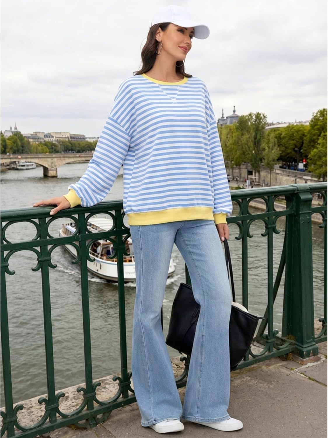 Women Oversized Striped Sweatshirt Casual Long Sleeve Pullover Shirt Crew Neck Color Block Loose Top Fall Winter - Image 6