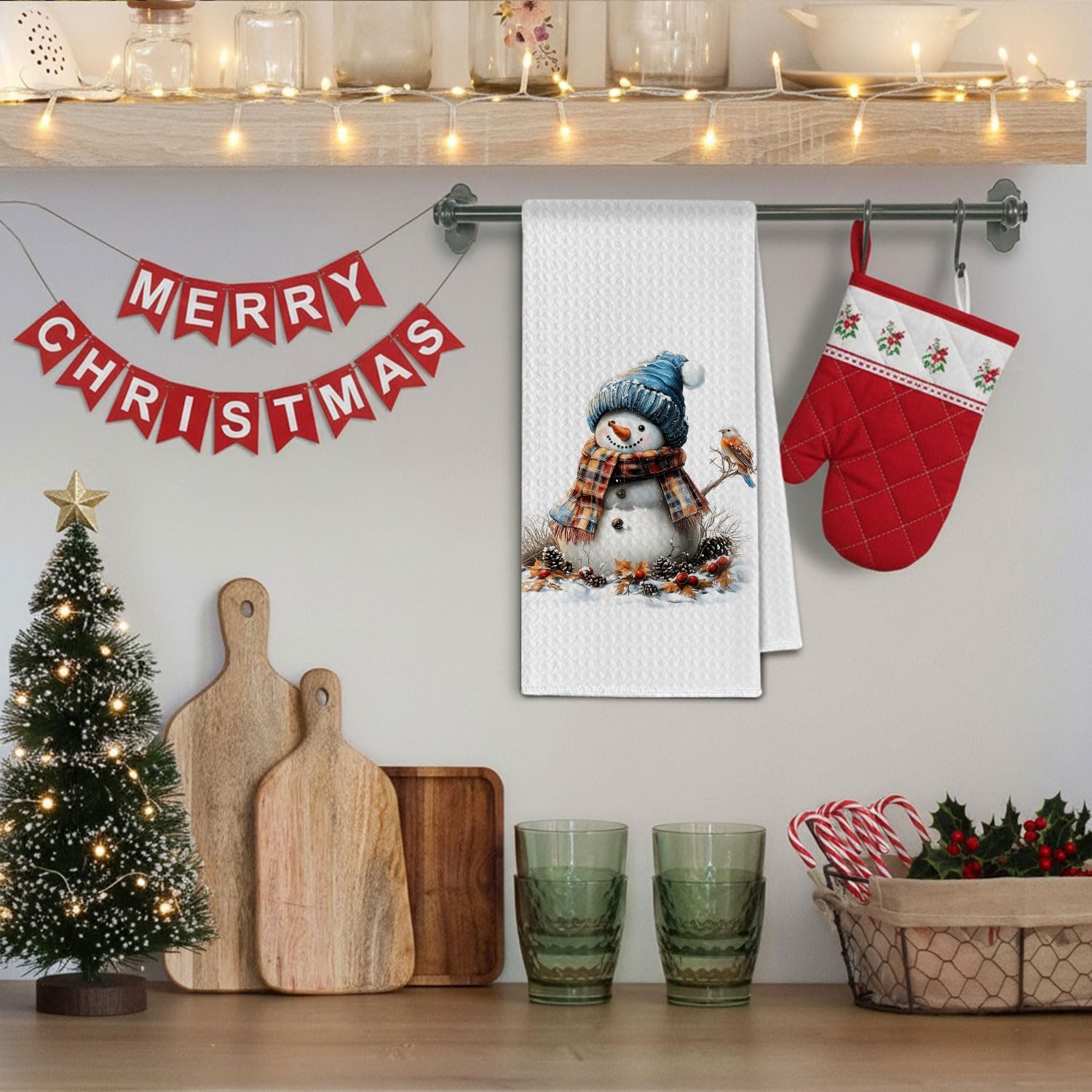 Rustic Winter Christmas Snowman Kitchen Towels, Vintage Christmas Dish Towels Drying Cloth for Kitchen, Winter Xmas Cozy Snowman Bird Decorative Hand Towel for Bathroom, 16x24 Inch - Image 4
