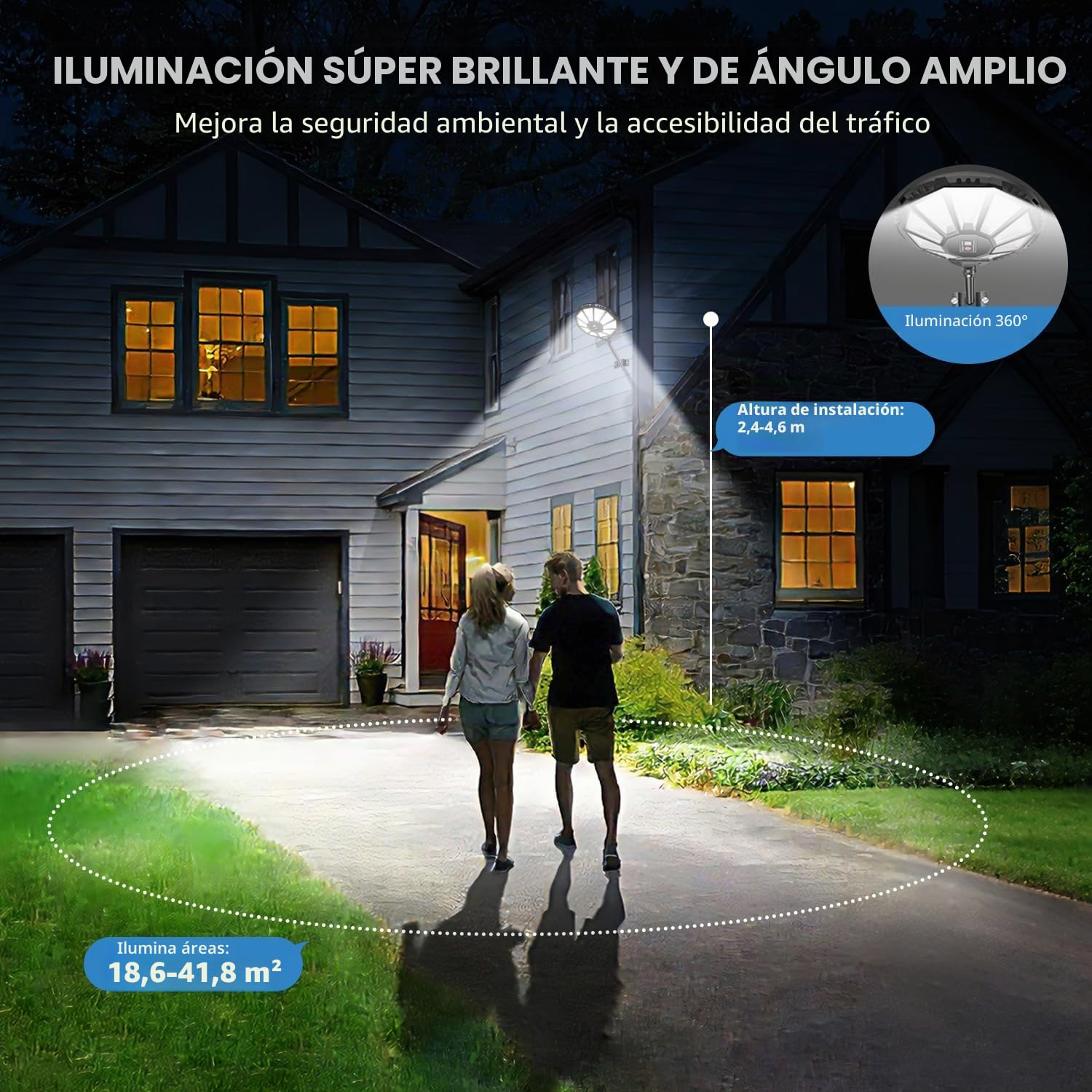Farolas Solares Exteriores, Potente Farola Solar con Sensor de Movimiento y Mando a Distancia, 6500K Gran Angular de 360° Luces Solares, IP66 Impermeable Foco Solar para Jardín Patio 4 Paquetes