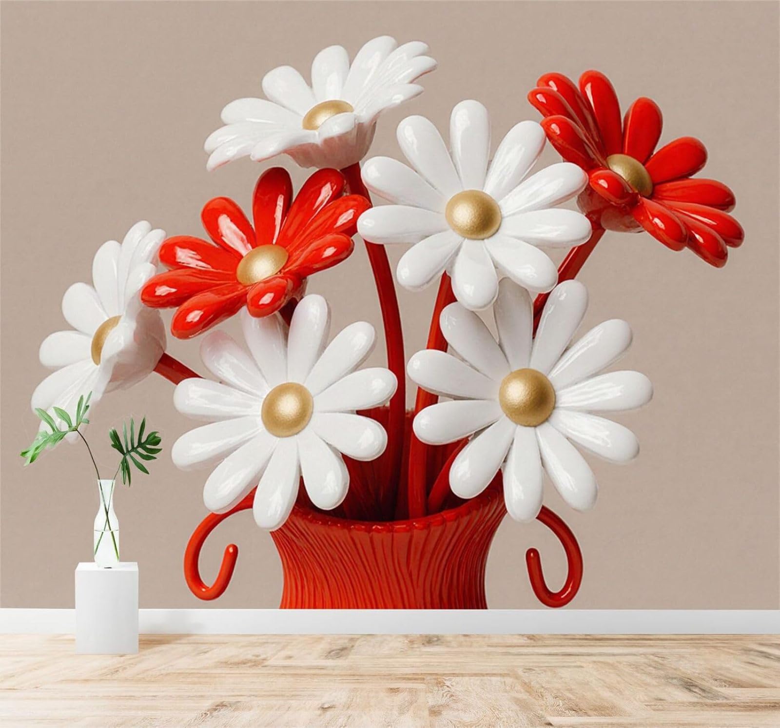 Xlming 400Cm×280Cm(B×H) Minimalist Three Dimensional Beautiful Red Vase Red And White Bouquet 3D Wallpaper Silky Texture Home Study Office Grey Dining Room Sofa Bedroom Living Room Tv Backdrop-400Cm×280Cm