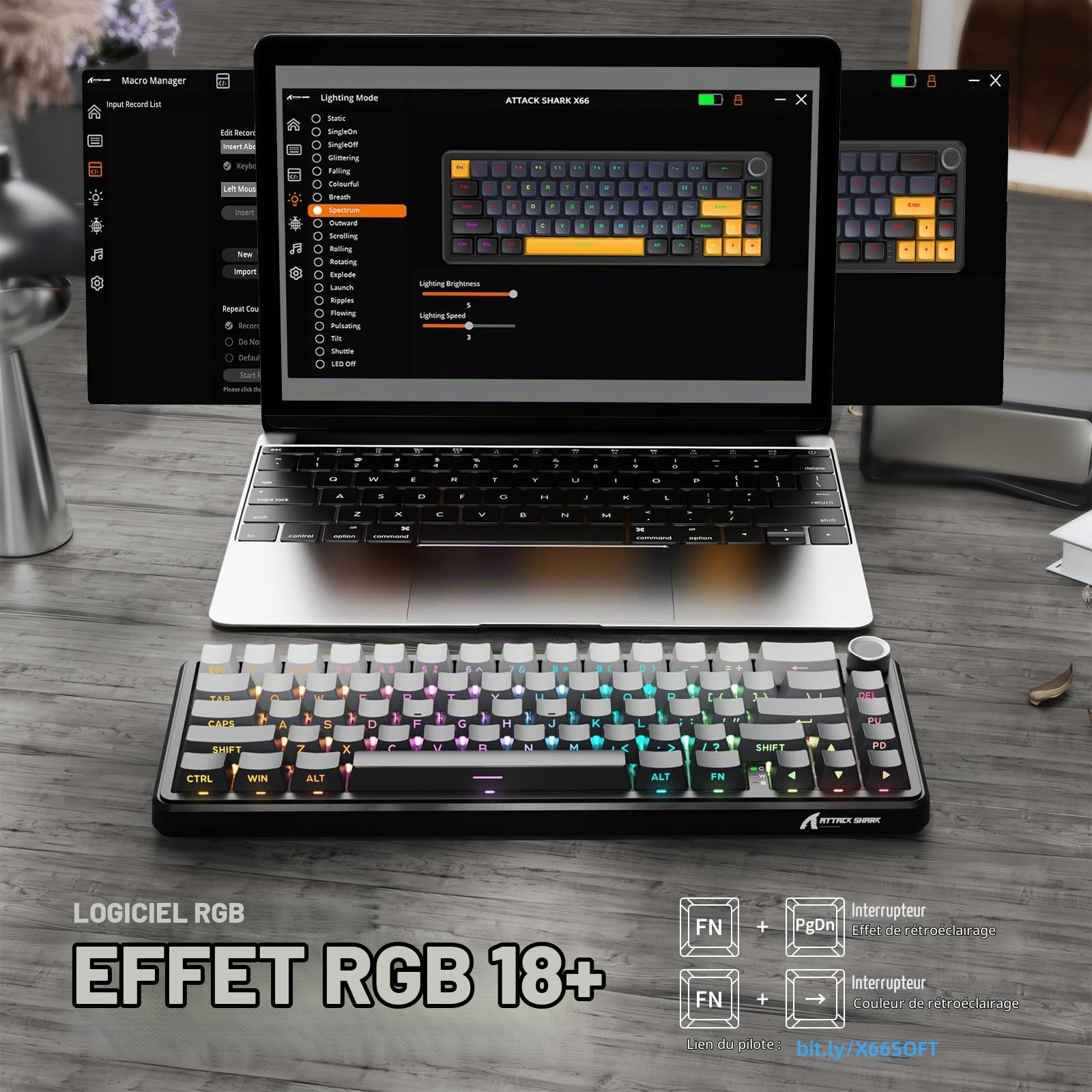 LexonElec x Attack Shark X66 60% Clavier Mécanique sans Fil avec Bouton de Volume, Hot-Swap Switch Linéaire, 2.4G/USB-C/BT5.0, QWERTY PBT Keycaps, Mini Clavier de Jeu 66 Touches RGB pour Win/Mac-Gris