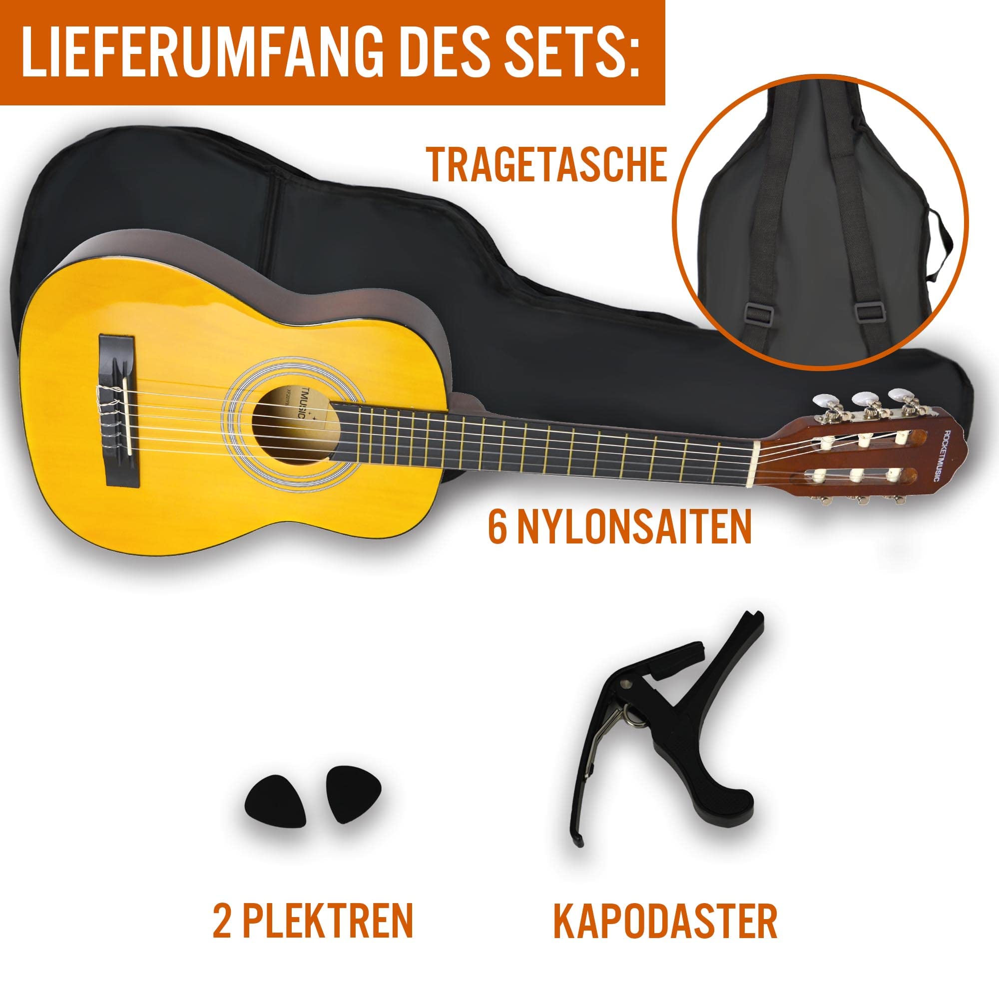 3rd Avenue XF 1/4 Flamencogitarren-Starterset in Junior-Größe für Kinder, Konzertgitarre mit Nylonsaiten, mit Gigbag, Kapodaster und Plektren – in Natur