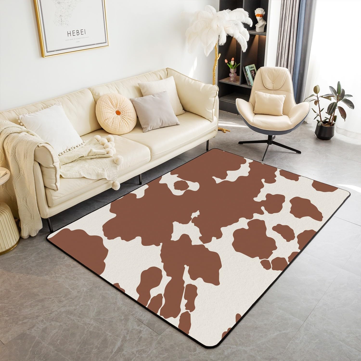 Tapis peau de vache imprimé 3D antidérapant en imitation fourrure pour le salon