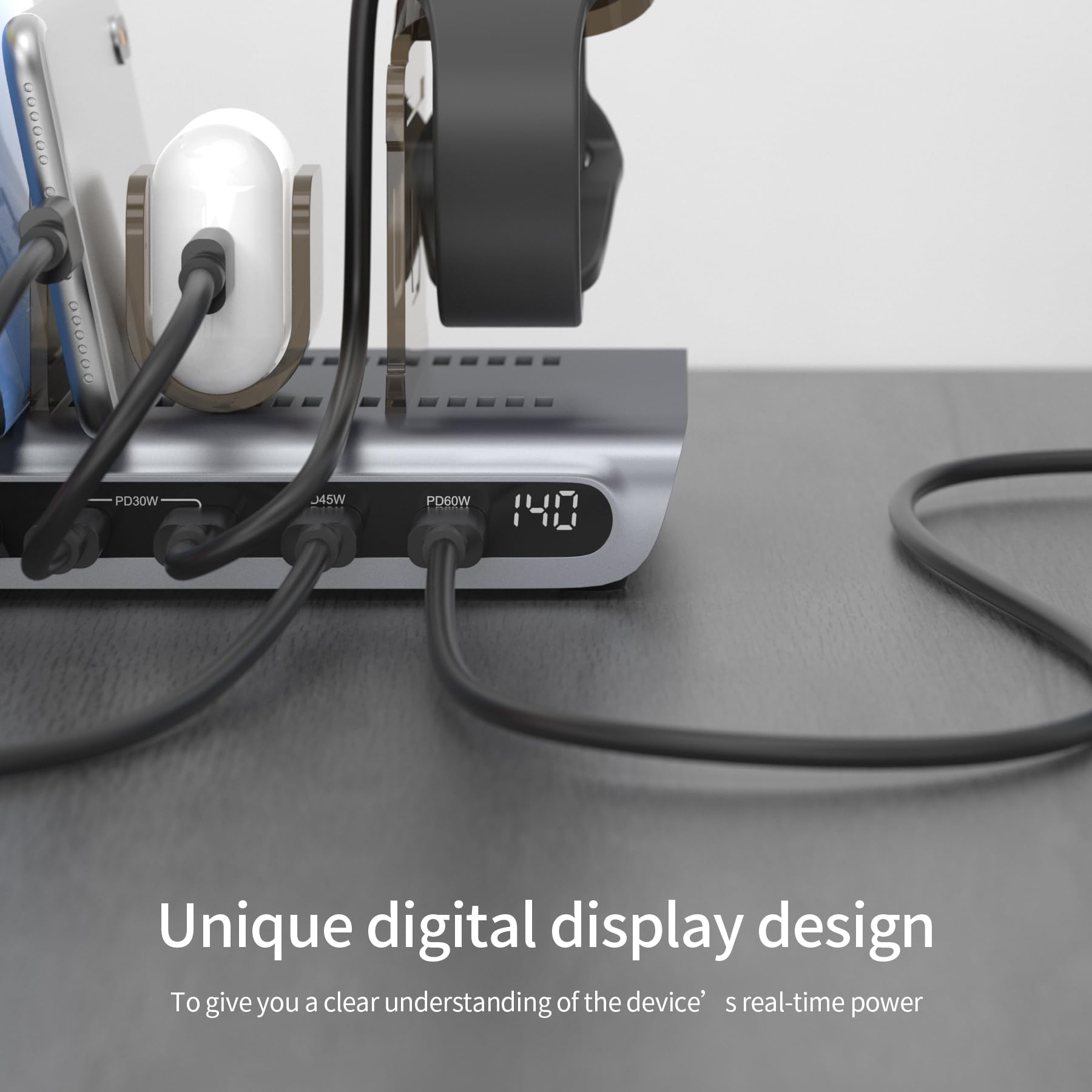 Unitek Stazione di ricarica per più dispositivi, 140 W, USB C, supporto di ricarica rapida con display digitale per laptop, iPad, iPhone, dock di ricarica con smartwatch e supporto per Airpods