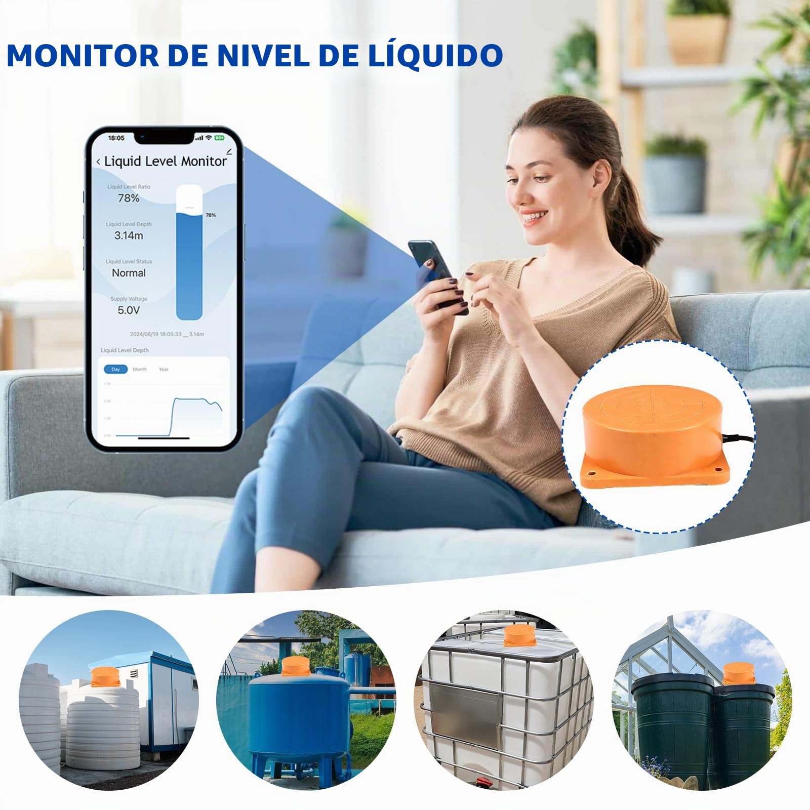 LIROPAU Detector De Agua Wi-Fi, Sensor De Nivel De Agua Ultrasónico, Sensor Inteligente De Nivel De Agua, Sensor De Nivel De Aceite, Para Tuya Smart Life