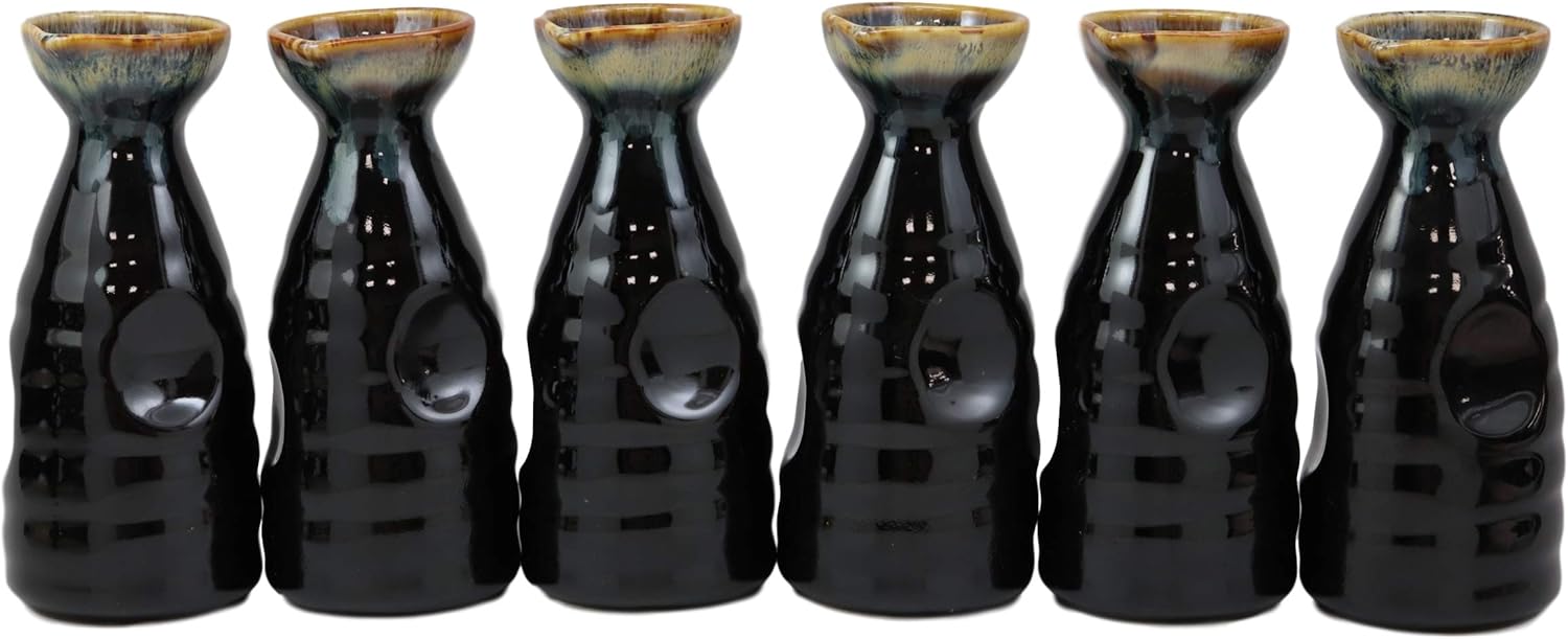 Ebros Gift Glazed Ceramic Pottery Heaven And Earth 'Ten To Ji' Design Japanese Rice Wine Sake 4 Piece Set Of 1 Tokkuri (Brown And White Waterfall Pack of 6 Sake Flasks)