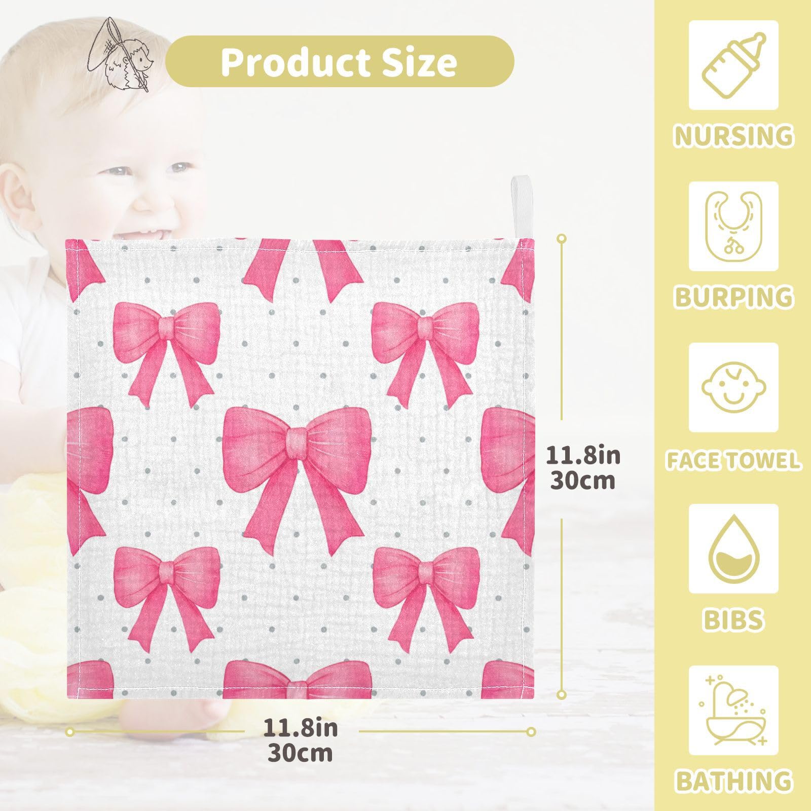 Kigai Cute Pink Bows Baby Washcloths,3pcs Ultra Soft Absorbent Towel,Newborn Bath Face Towel, Natural Reusable Baby Wipes for Sensitive Skin, Baby Registry as Shower