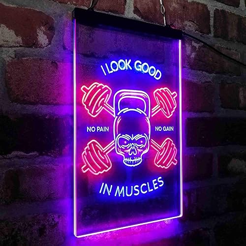 Miniatura 3 de ADVPRO No Pain No Gain I Look Good in Muscles Weight Train Gym Fitness Señal de neón LED de doble color rojo y azul 16 x 24 pulgadas st6s46-i4093-rb