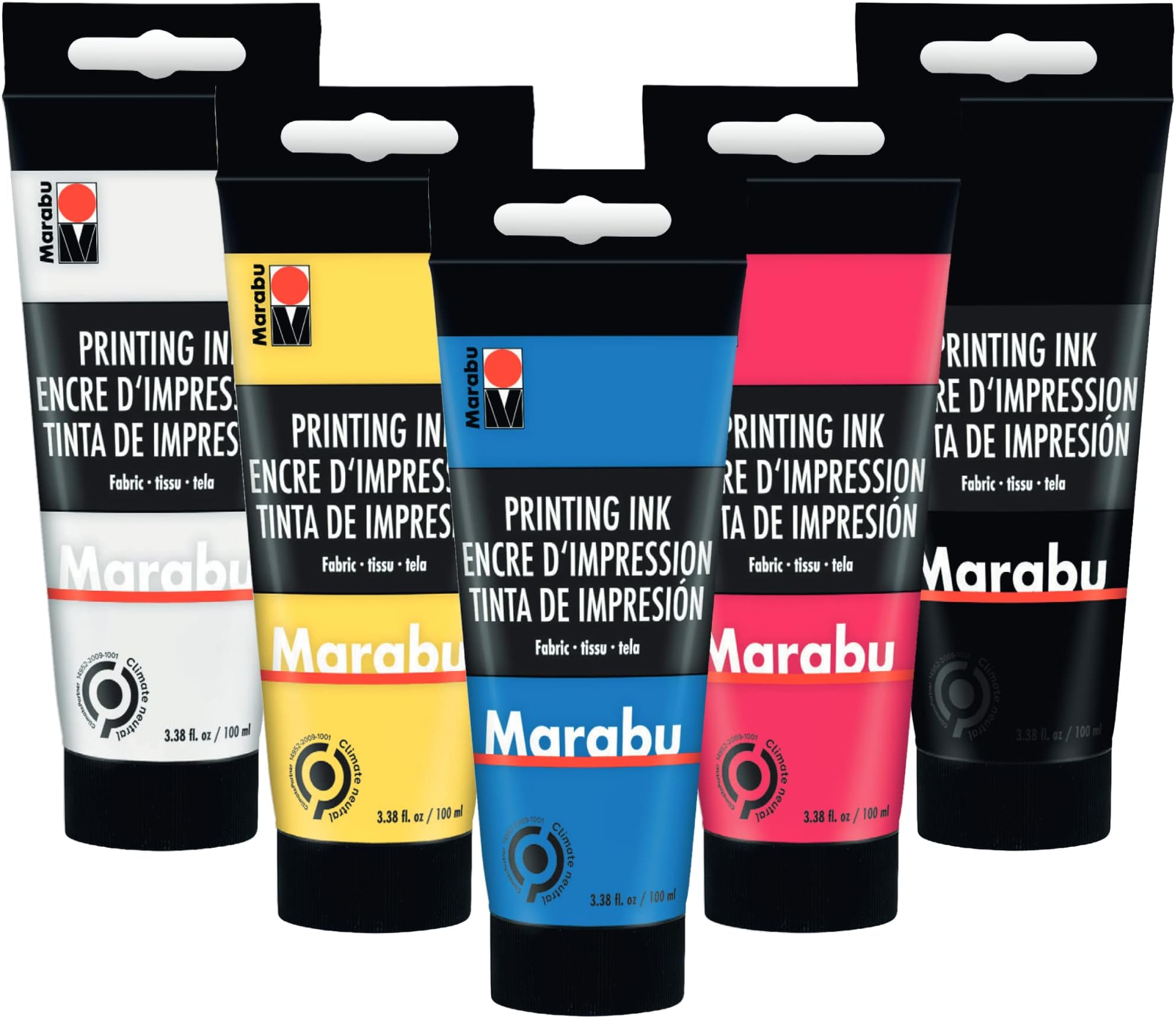 Marabu Fabric Screen Printing Ink Set – 5 Water-Based Colors: Yellow, Magenta, Cyan, Buff Titanium Light, Carbon Black – 100ml (3.38 fl oz) Tubes