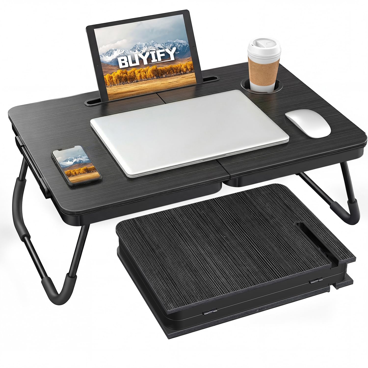 BUYIFY Foldable Laptop Bed Desk for Couch, Sofa - Large Lap Desk Tray Table with Cup Holder and Tablet Slot - Portable Notebook Stand for Eating, Writing, Studying and WFH (Black)- USA Original Patent