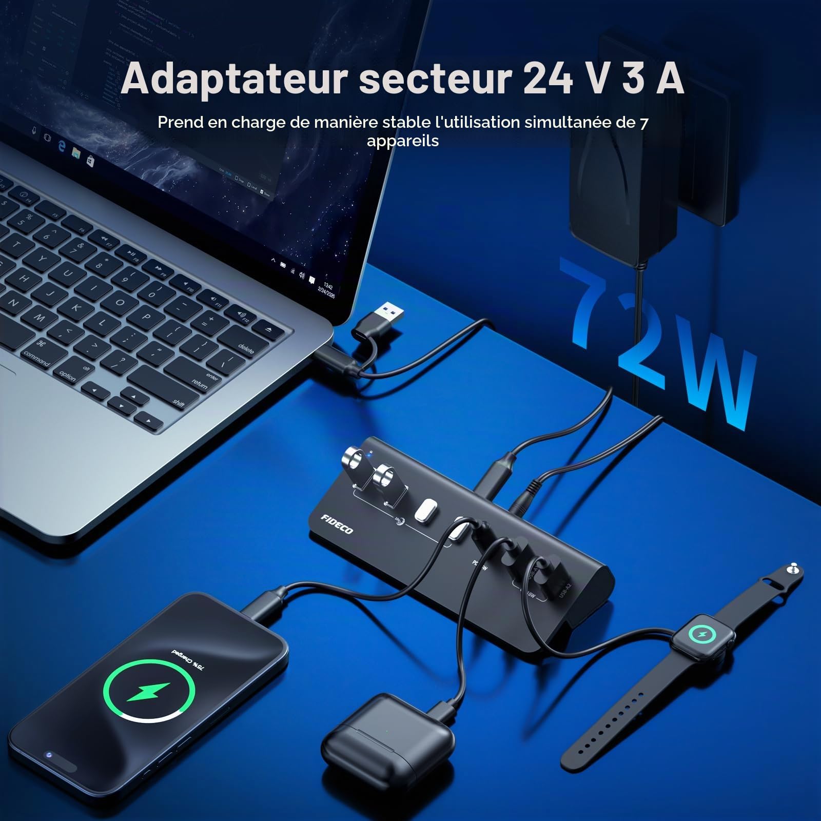FIDECO Hub Alimenté 7 Ports 72W, Hub USB avec 1 PD 45W, 2 Ports de Charge QC 3.0 et 4 Ports 10Gbps USB 3.2 (2 USB-A + 2 USB-C), Hub USB en Aluminium pour Laptop, PC, MacBook, iPhone 17/16/15