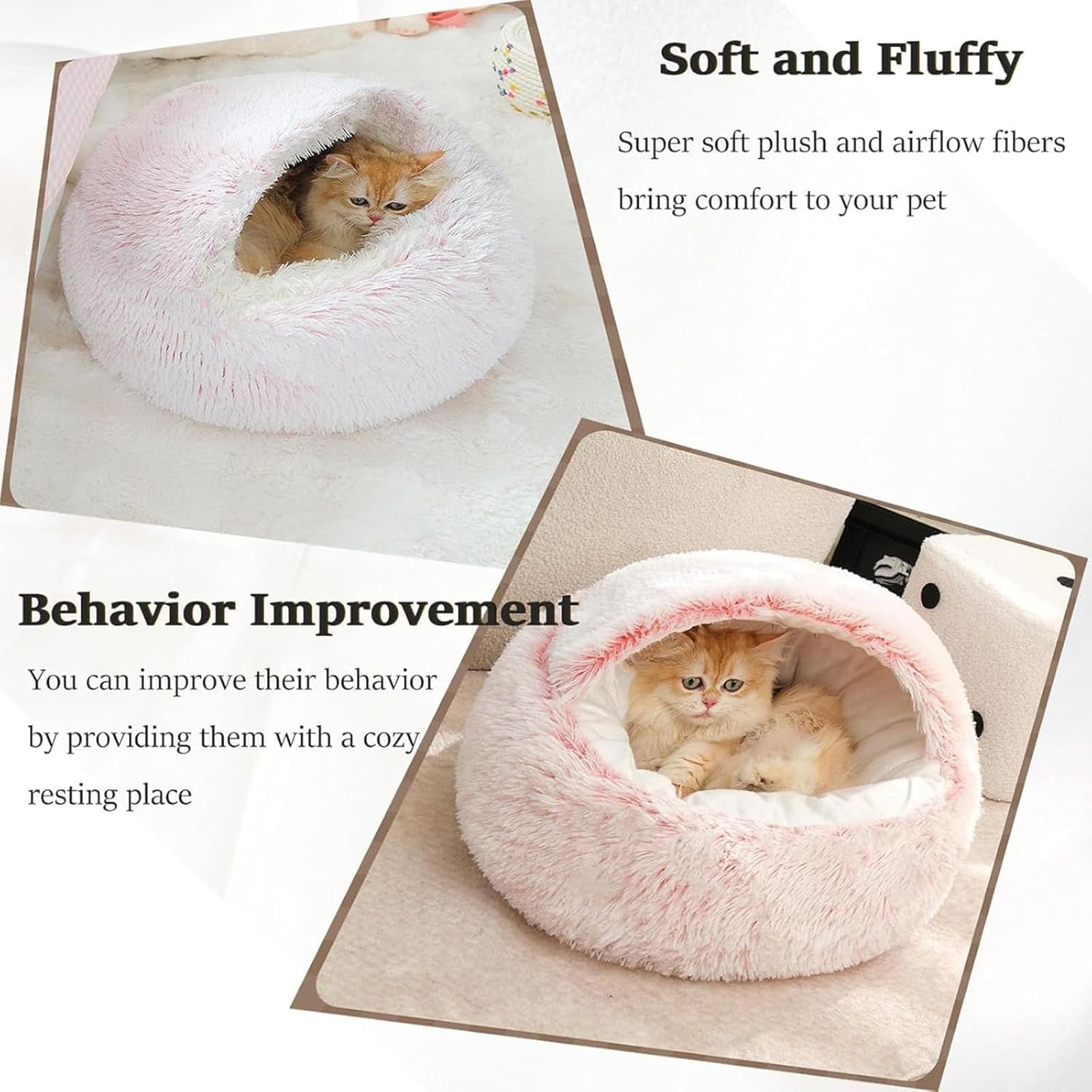 سرير عش لابكاتز من لابكاتز، عش لابكاتز، عش لابكاتز، سرير دائري مخملي منفوش للحيوانات الاليفة، سرير قطط مغطى، سرير مريح بغطاء للراس (40 سم/15.8 انش، بي)