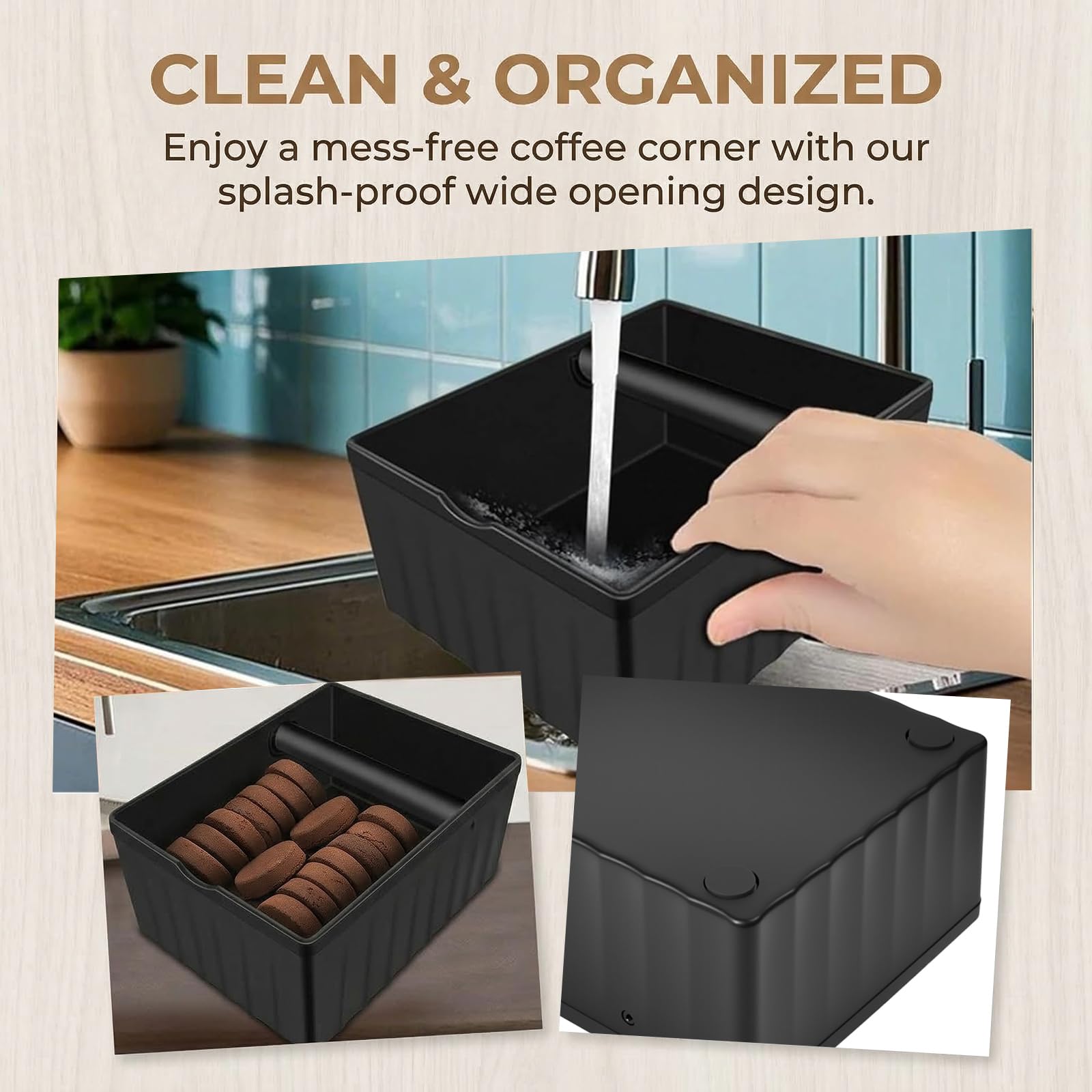 Cajon Posos Cafe Grande 1500ml Knock Box Profesional con Base Antideslizante Silenciosa Recipiente Posos Cafe de ABS Robusto, Depósito Basura Café Rectangular para Barista y Cafetera Express