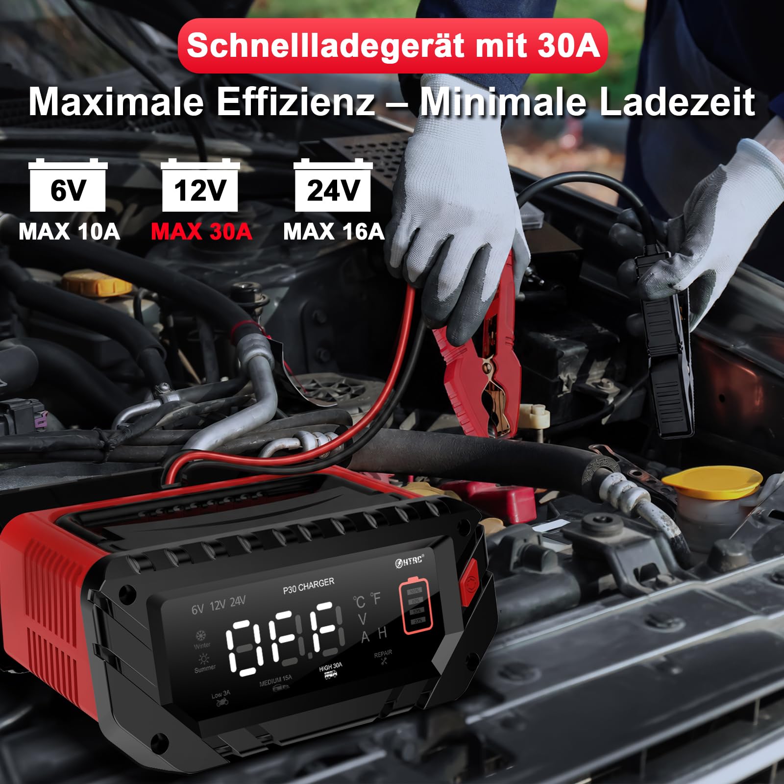HTRC 6V/12V/24V Autobatterie Ladegerät, 30A Ladegeräte für Autobatterien, Batterieladegerät KFZ für Auto, Motorrad, Rasenmäher, Boot, Lithium, LiFePO4 und Blei-Säure(AGM, Gel, MF, EFB, SLA, VRLA, Wet)