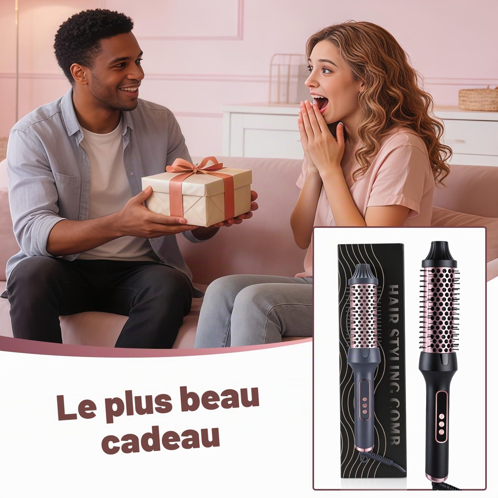 Brosse Chauffante Céramique, 38 mm Thermal Brush 3 in 1, LCD 100-210 °C,Lissage, Boucles Souples, Volume, Design Ionique Anti-Frisottis,5 Réglages de Température,Chauffage Rapide (Style 1)