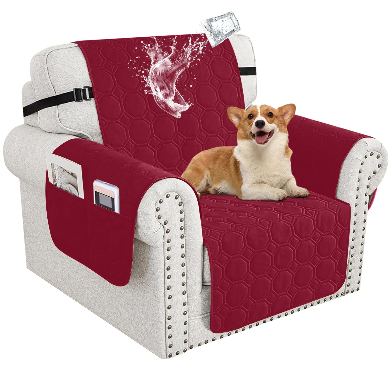 BXFUL 100% Waterproof Sofa Covers for Pets, Non Slip Sofa Slipcovers Couch Cover for Living Room Washable Pet Couch Cover with Elastic Straps Furniture Protector (Wine Red,1 Seater)