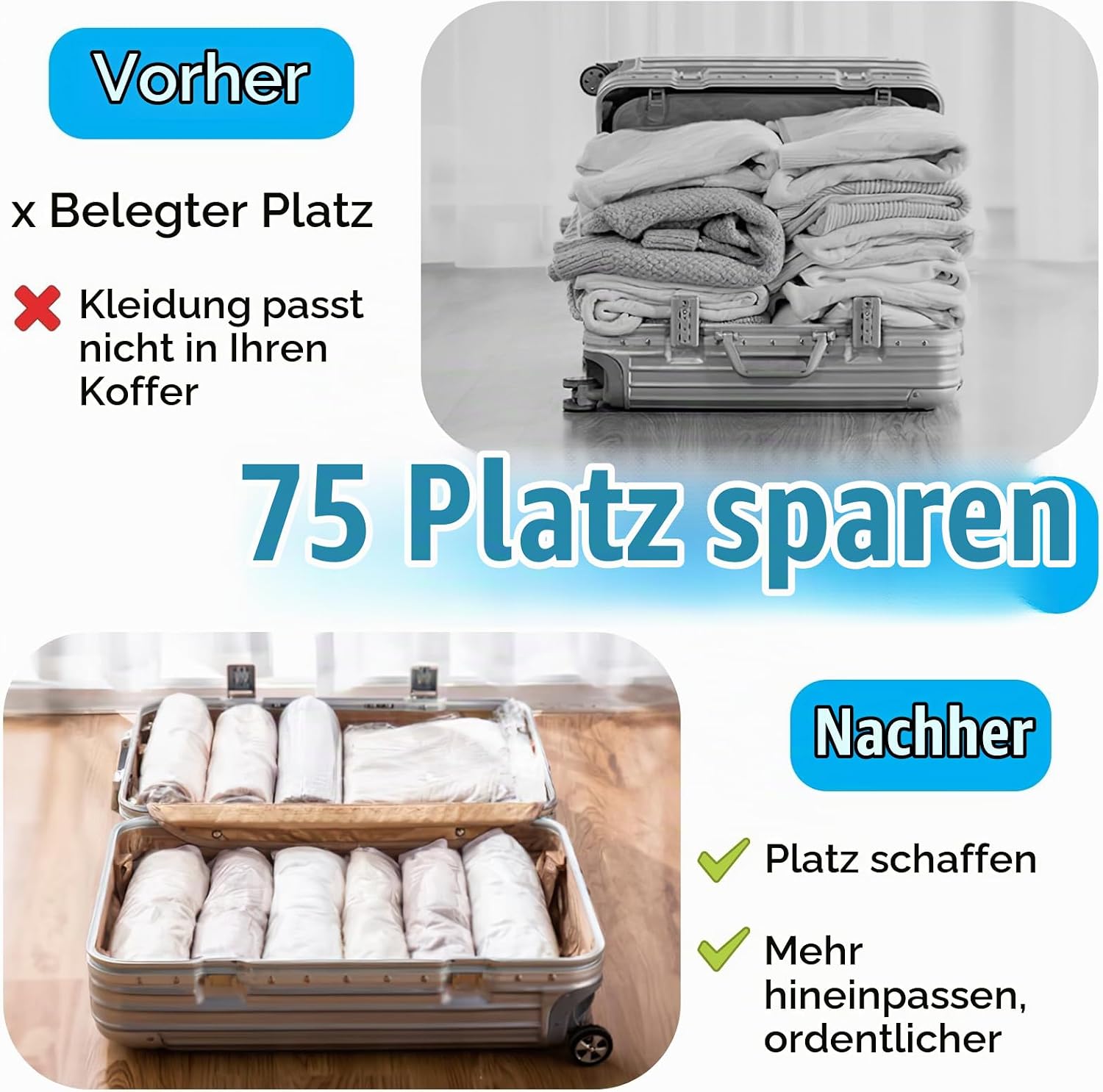Vacuum Bags for Clothes, Pack of 6 (40 x 60 cm) Vacuum Bags for Rolling, Reusable Vacuum Bags for Travel & Backpack, Ideal Space Saving 6 Stück (60x40cm)