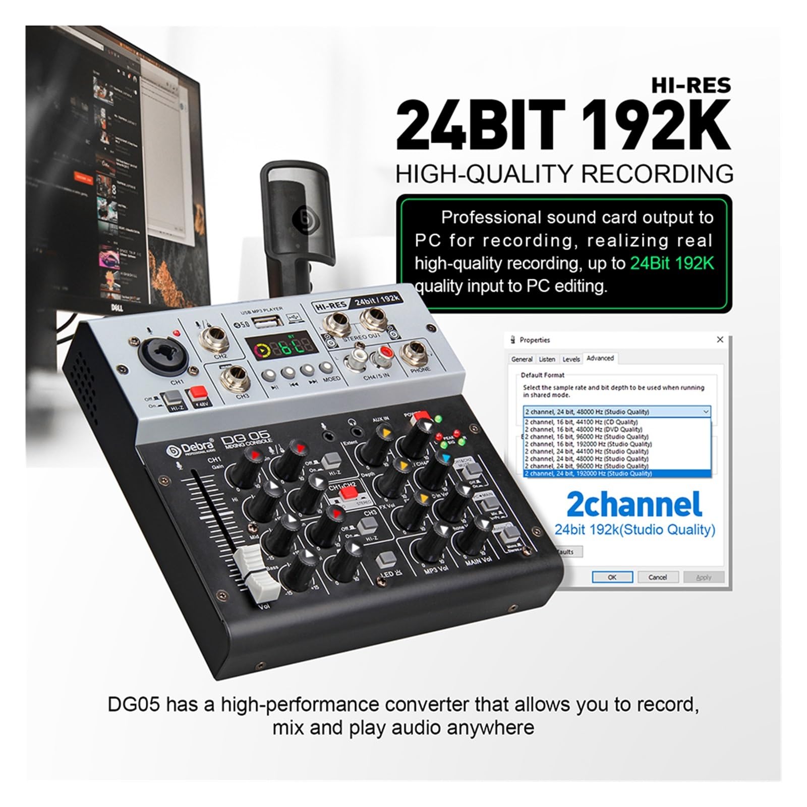 Tarjeta de sonido con interfaz DG05 24 bits y 192 k monitorización, calidad estudio, 5,0 BT for PC, grabación en guitarra eléctrica, canto,Portátil