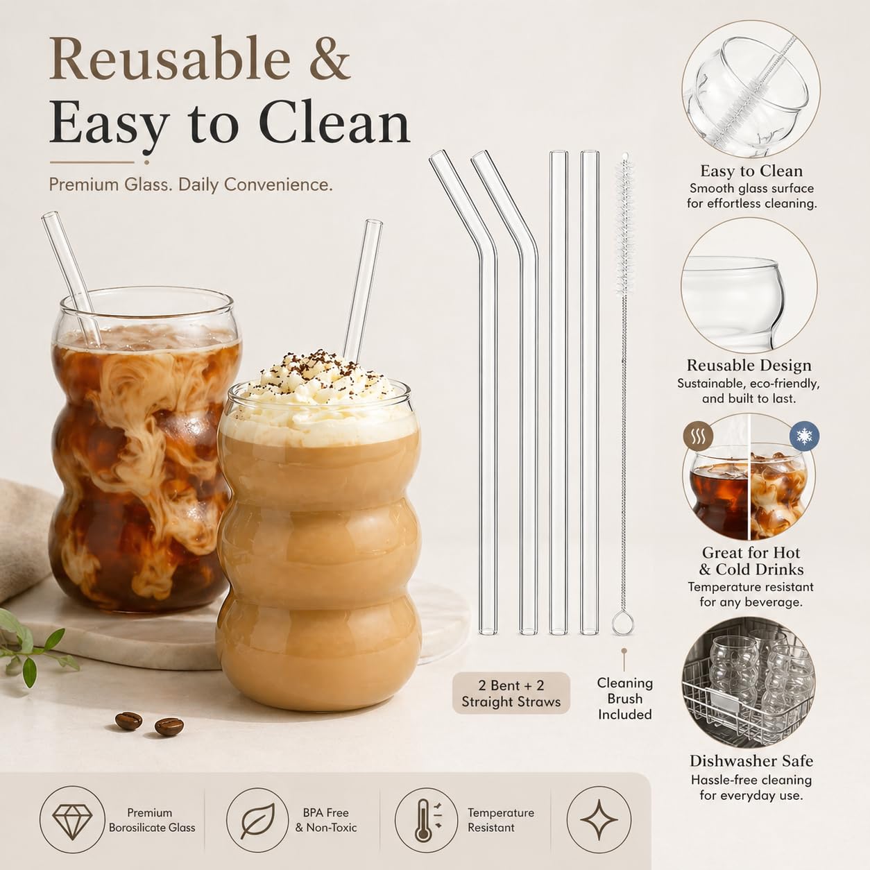 ALINK Juego de 4 vasos de burbuja, vasos acanalados de 550 ml, de cristal ondulado, para latte macchiato, vasos de café helado, vasos de cóctel