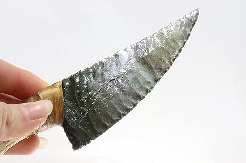 Miniatura 5 de 8-14" Mexican Rainbow Obsidian Flint KnappedKnapping Pressure Flaked Domed Knife Blade Dagger Point Hafted On Deer Antler Handle Using Imitation