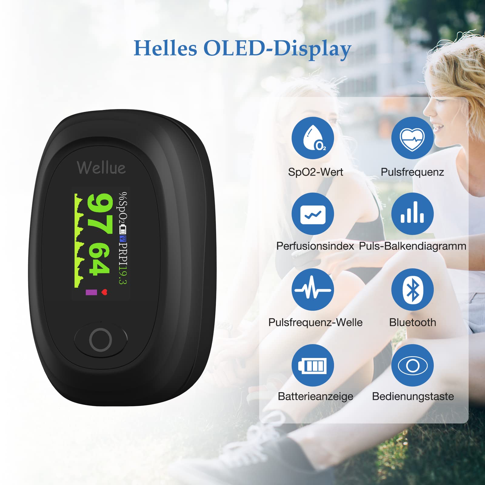 Wellue Bluetooth Pulsoximeter für Erwachsene mit App & Alarmfunktion, Überwachung der Blutsauerstoffsättigung (SpO2) und Herzfrequenz, Inklusive Akku und iOS/Android Kompatibilität