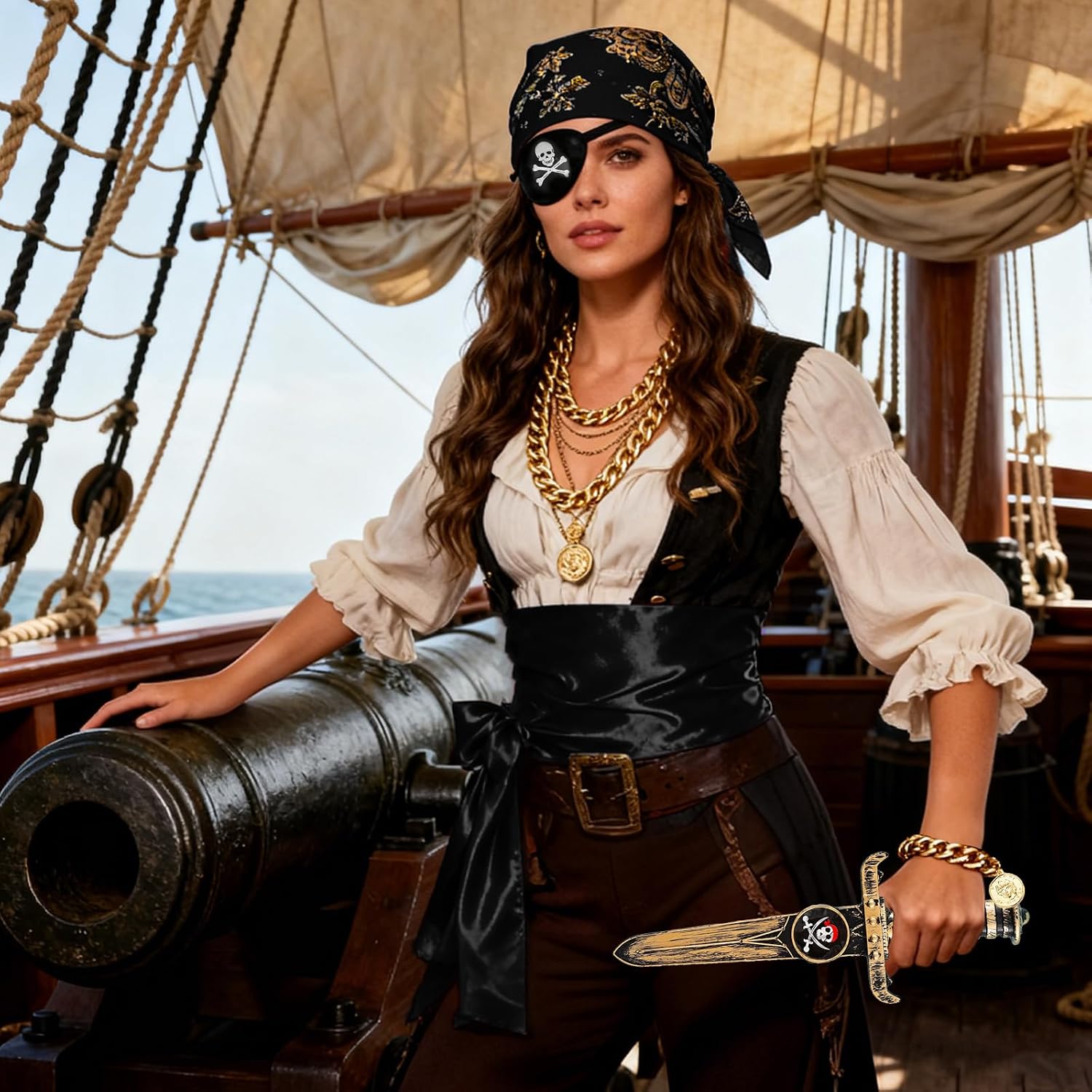 9Pcs Pirate Costume Accessories Pirate Gear Supplies Pirates Outfit Cosplay Prop Renaissance Suits for Halloween Party