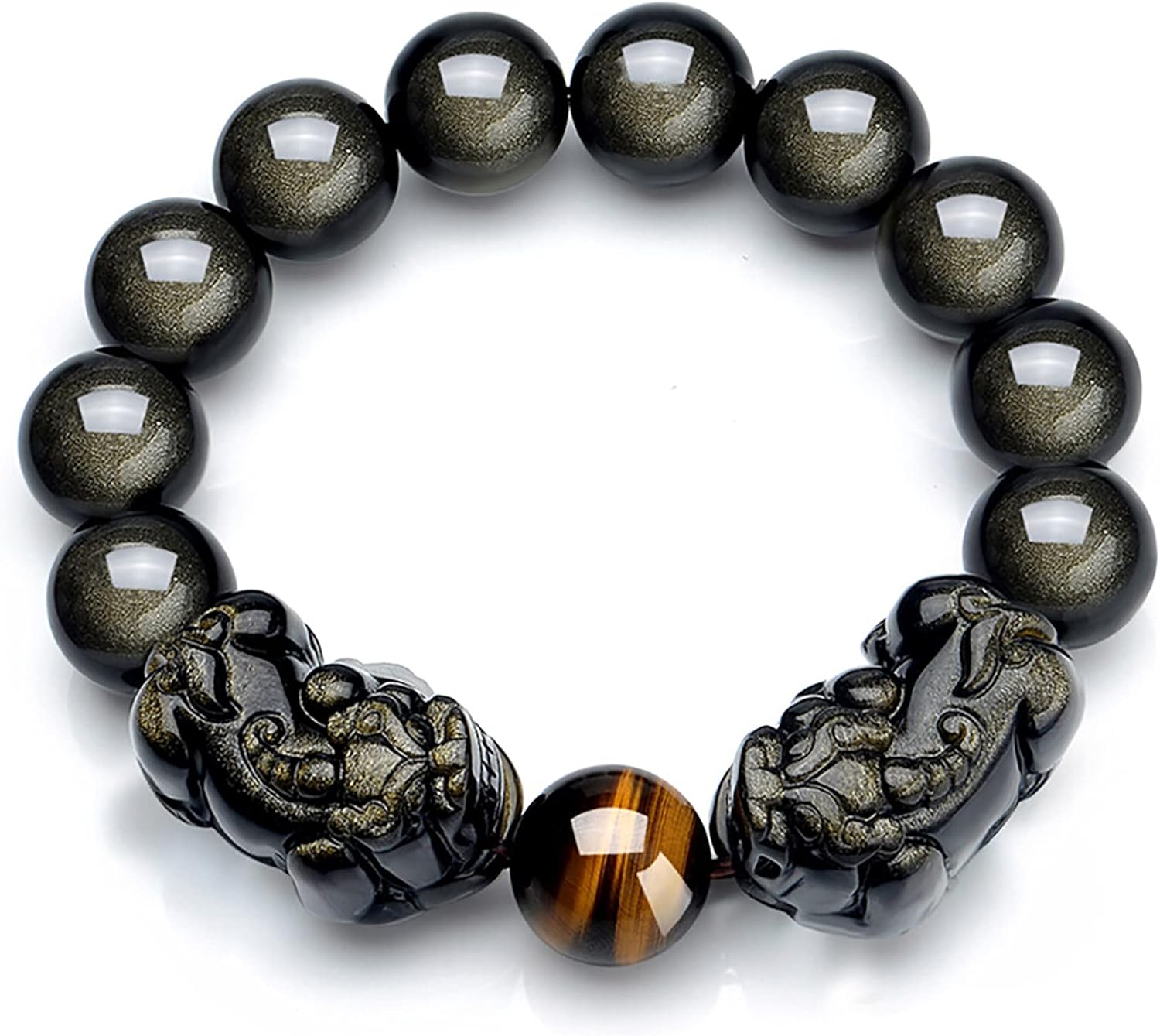 Triple Protection Bracelet, Feng Shui Tilted Head Double Pi Xiu/Pi Yao Natural Golden Obsidian Yellow Tiger Eye Bracelet Gemstone Beaded Adjustable,Single pixiu,16mm