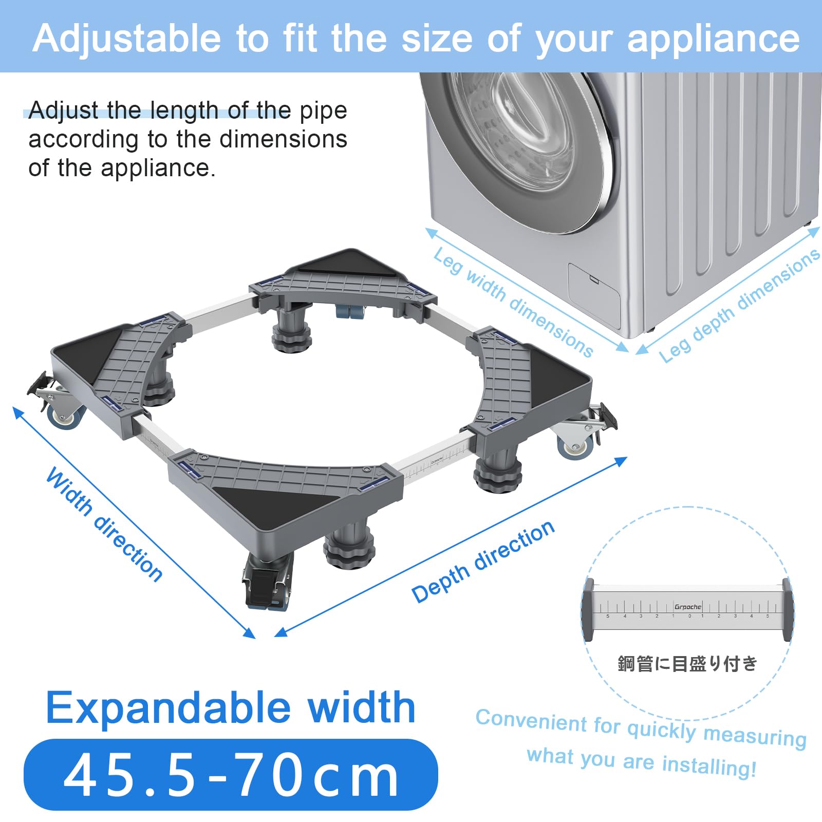 Base Lavadora con 4 Patas y 8 Ruedas con Bloqueo, Pedestales Móviles para Lavadora, Secadora, Frigorífico Capacidad De Carga 500 Kg(Gris, Ajustable: 45,5 – 70 cm)