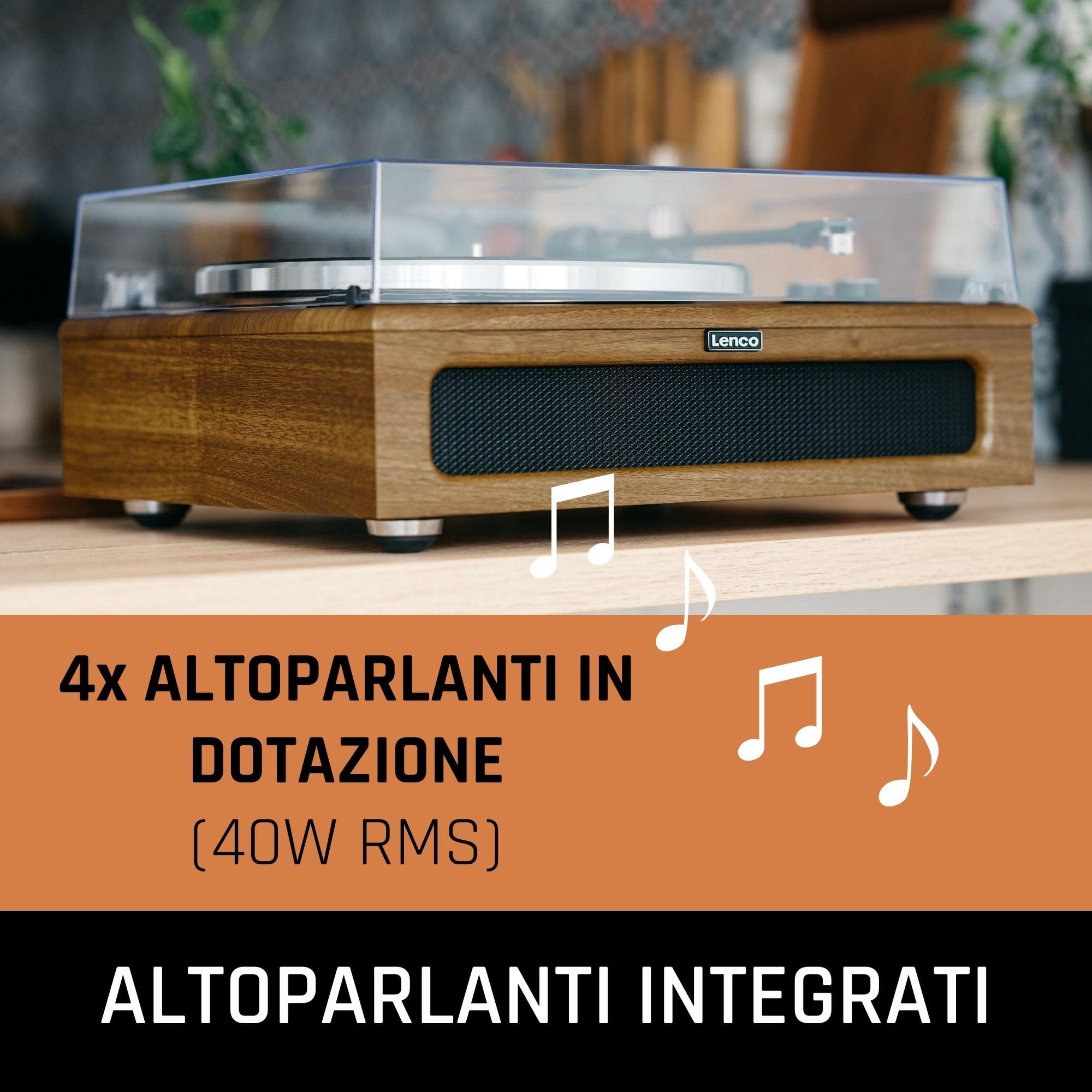 Lenco LS-410 Giradischi Bluetooth z głośnikiem 40W RMS, wzmacniaczem, RCA, AUX-in, drewniany brązowy