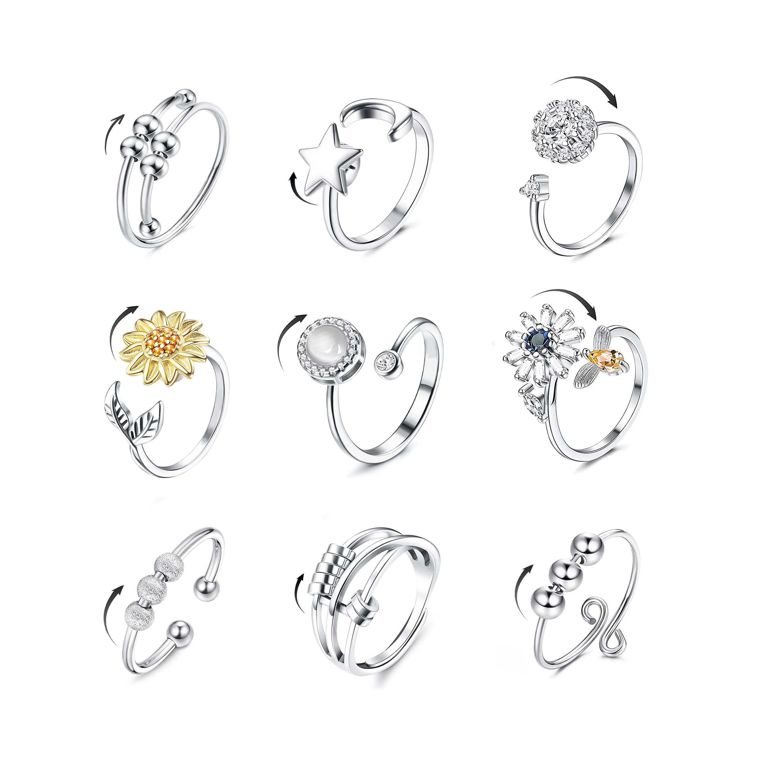 WBDWWTD KRFY Anillo de ansiedad para mujeres, anillo Fidget de plata para Adolescentes Niñas Niños, Anillos Fidget Ajustables con Spinner Abierto para Mujeres Ansiosas con Perlas Anillos para Pulgar