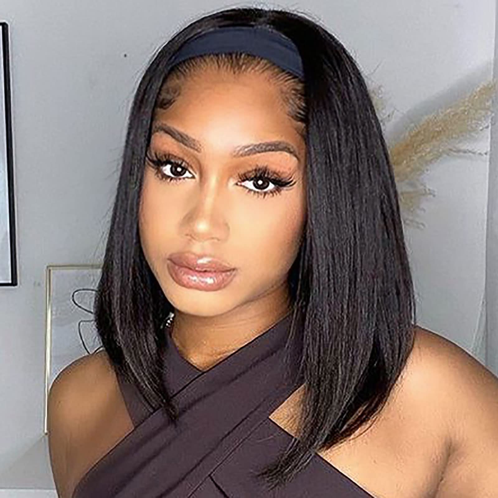 AISI QUEENSHeadband Wig Human Hair For Black Women Bob Wigs Glueless Human Hair Short Bob Headband Wigs (12 Inch, Bob Headband Wigs)