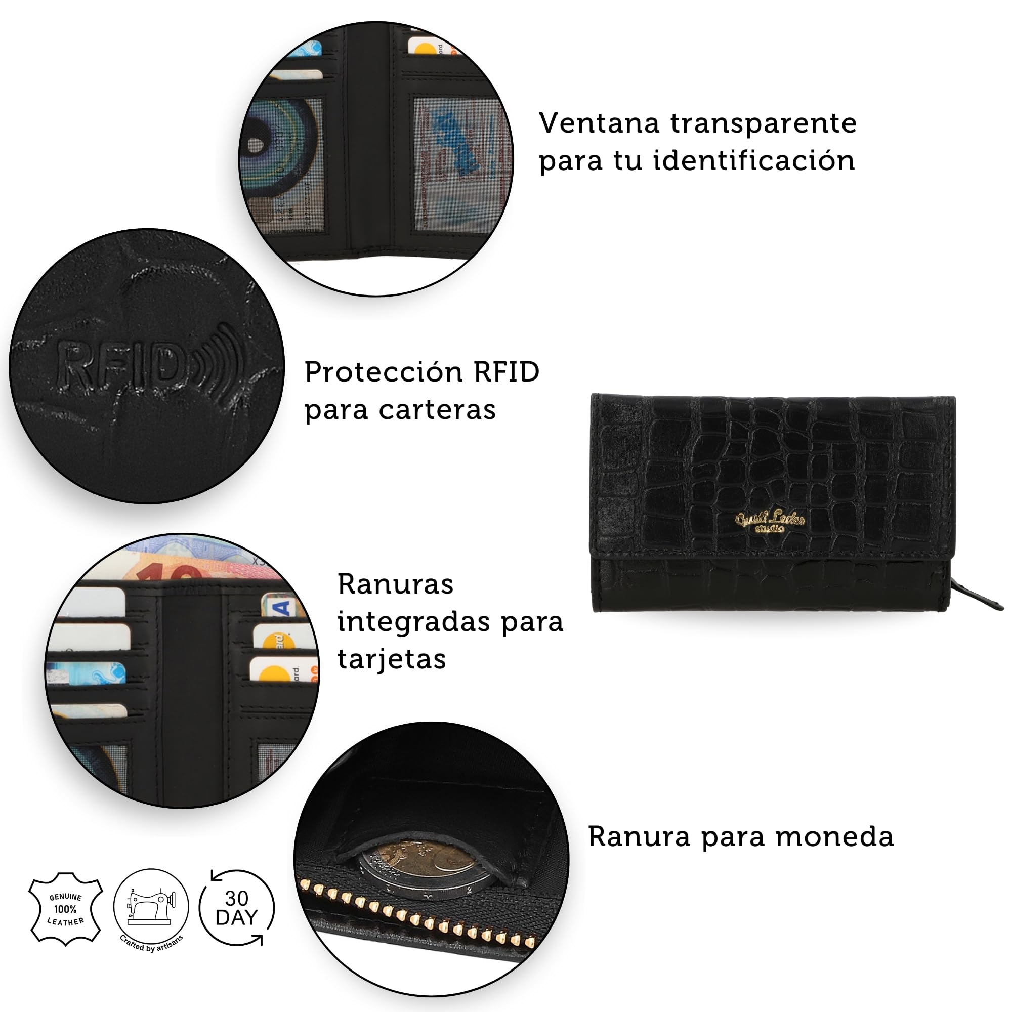Gusti Gloria - Cartera de piel para mujer, color negro, Negro , Clásico