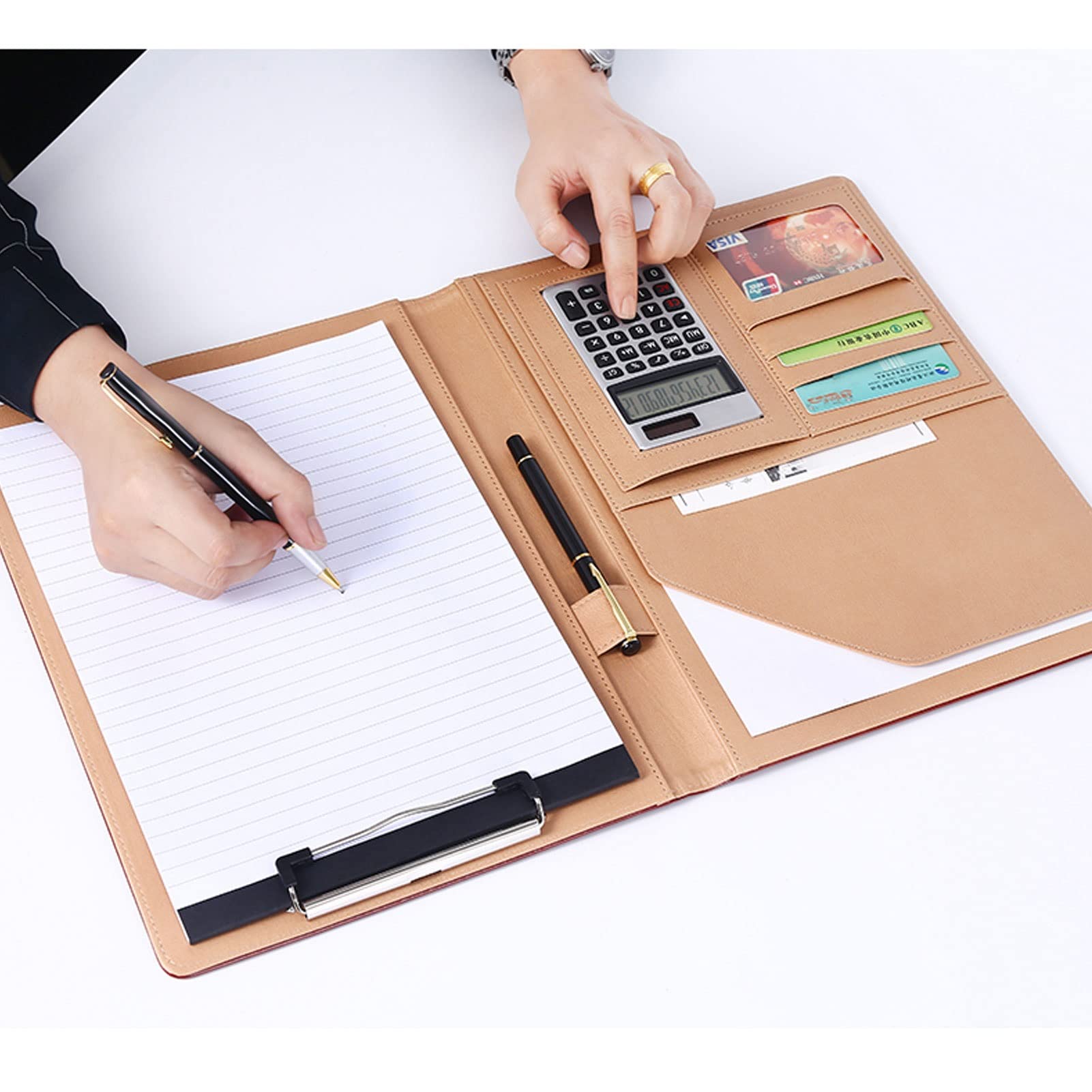 Portfolio biznesowe A4 Padfolio Konferencja Segregator dokumentów Wielofunkcyjny teczka na dokumenty z kalkulatorem Skórzany organizer dla mężczyzn kobiet Notatnik do wielokrotnego napełniania 25 arkuszy 4 szt. (kolor: różowy 2)