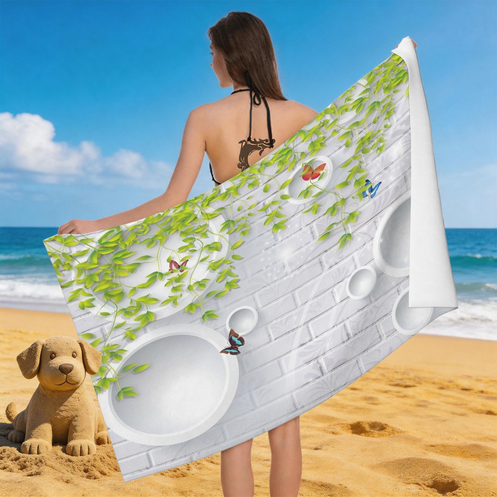 Leichong 3D Vine Beach Towel Microfiber Soft Quick Dry for Adults, Minimalistic Bath Towel Lightweight Soft Absorbent for Travel Swimming Pool Sports, 75 x 150 cm
