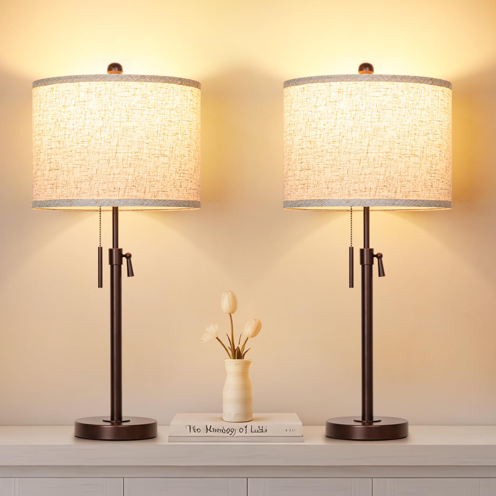 Table Lamps for Bedrooms Set of 2 22 to 30 Height Adjustable Nightstand Lamps with Linen Shade Pull