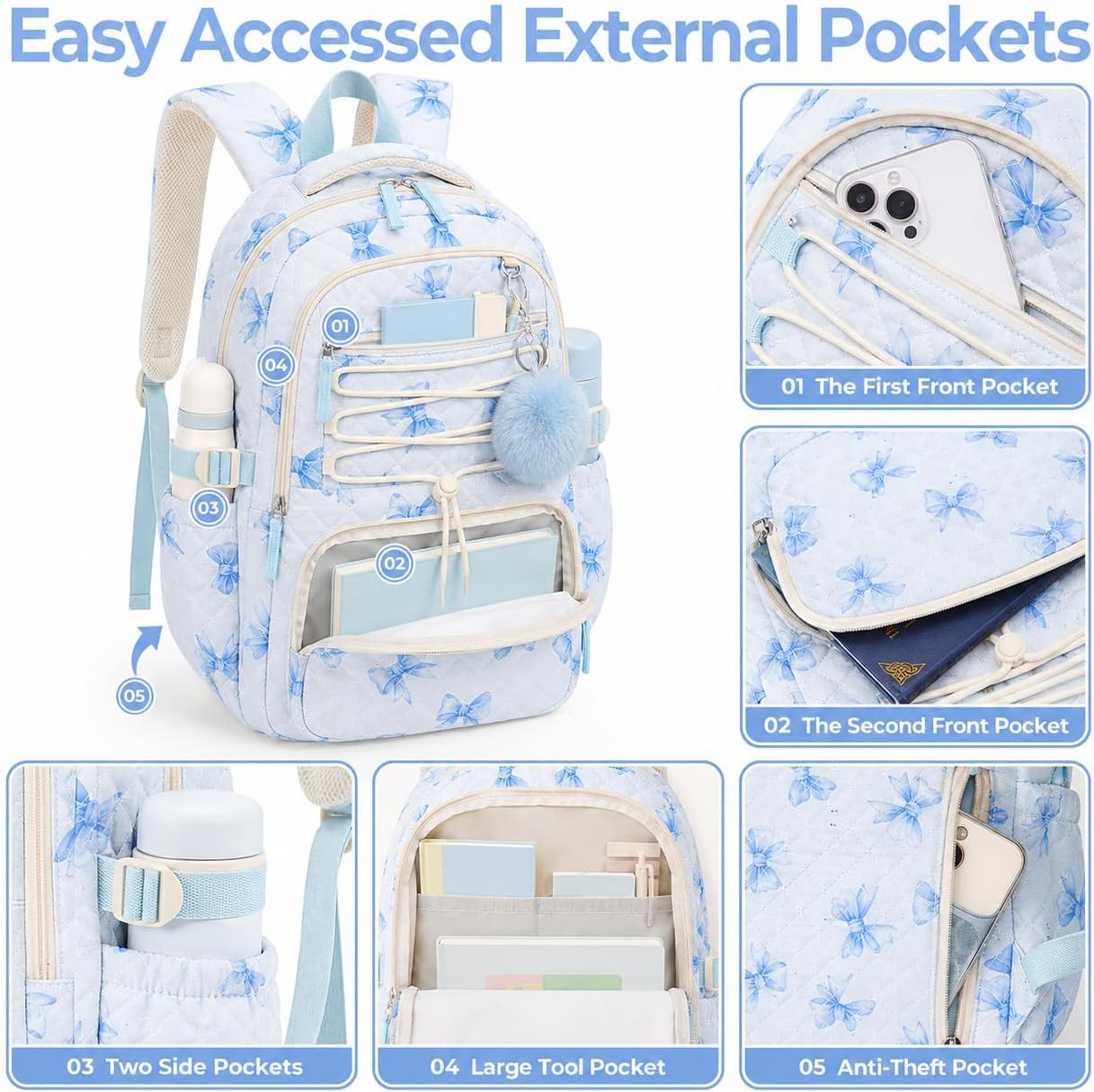 WOBAGMEN Backpack for Women,Cute Quilted Backpack with Multi-Pocket, Lightweight Anti Theft Bookbag Fits 15.6" Laptop (Blue Bow, M) image 5