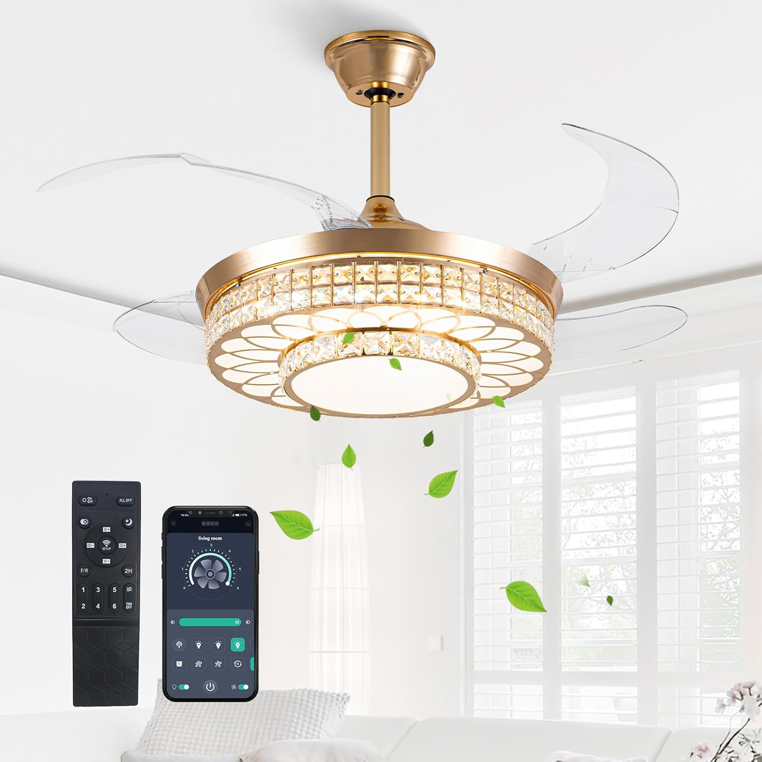 42" Retractable Ceiling Fans with Lights, Crystal Chandelier Ceiling Fan with Remote & APP Control, Modern Dimmable LED Fandelier for Living Room, Dinning Room, Bedroom (Gold)