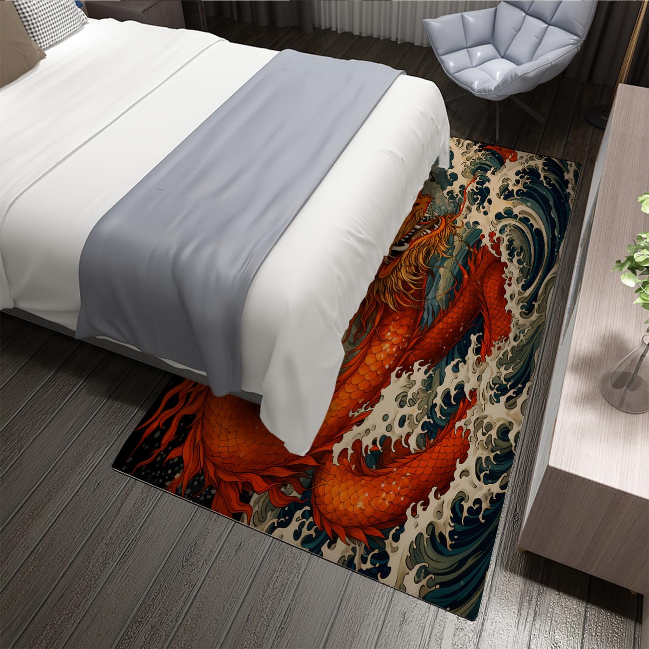 Tapis Zone Dragon Fantasy Tapis œuvres Vagues océan antidérapant Lavable Salon Chambre Salle Manger Cuisine Couloir Bureau Style Japonais Moderne Animaux Magiques 120x150cm