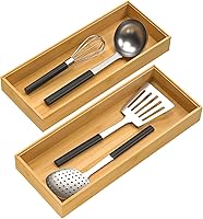Vista 8 de Bandeja de cubiertos para cajón, organizador apilable de bambú para cajones de cocina, 9 x 3 x 2 pulgadas, juego de 2