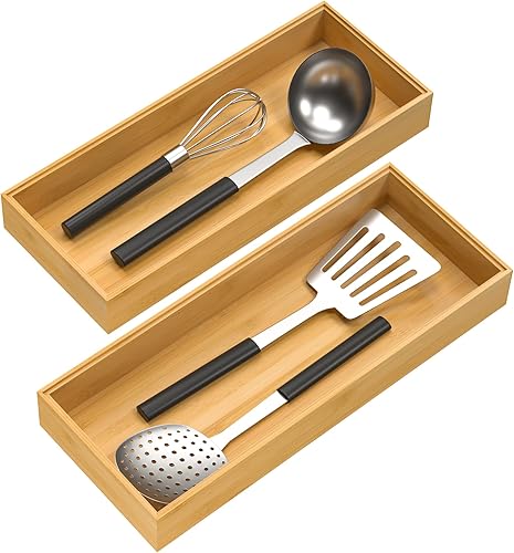 VeyFey Organizador de cajones de bambú organizador de utensilios apilable para cocina caja de almacenamiento de bambú bandeja de madera para cajón