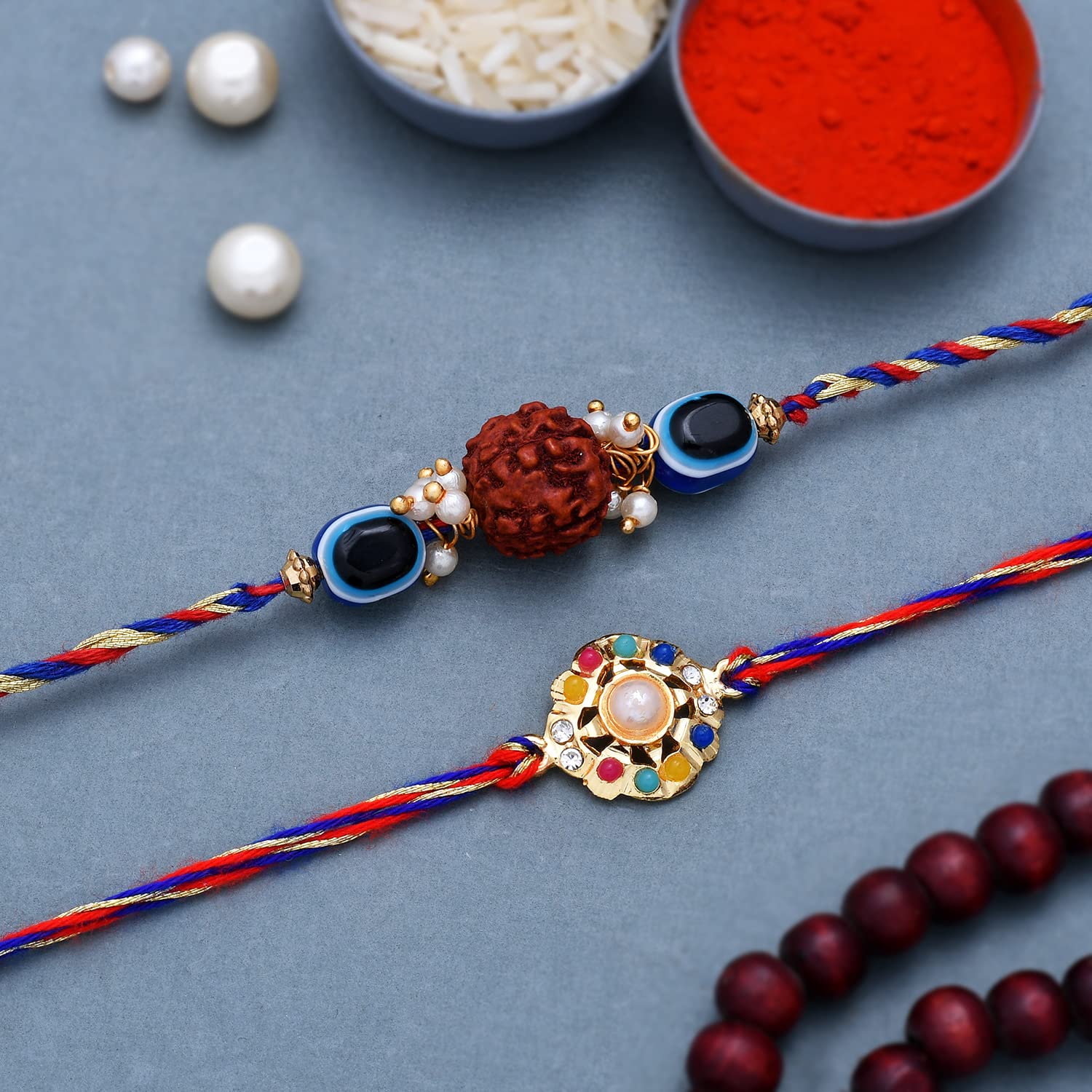2 Colorful Stones & Rudraksha Evil Eye Rakhi